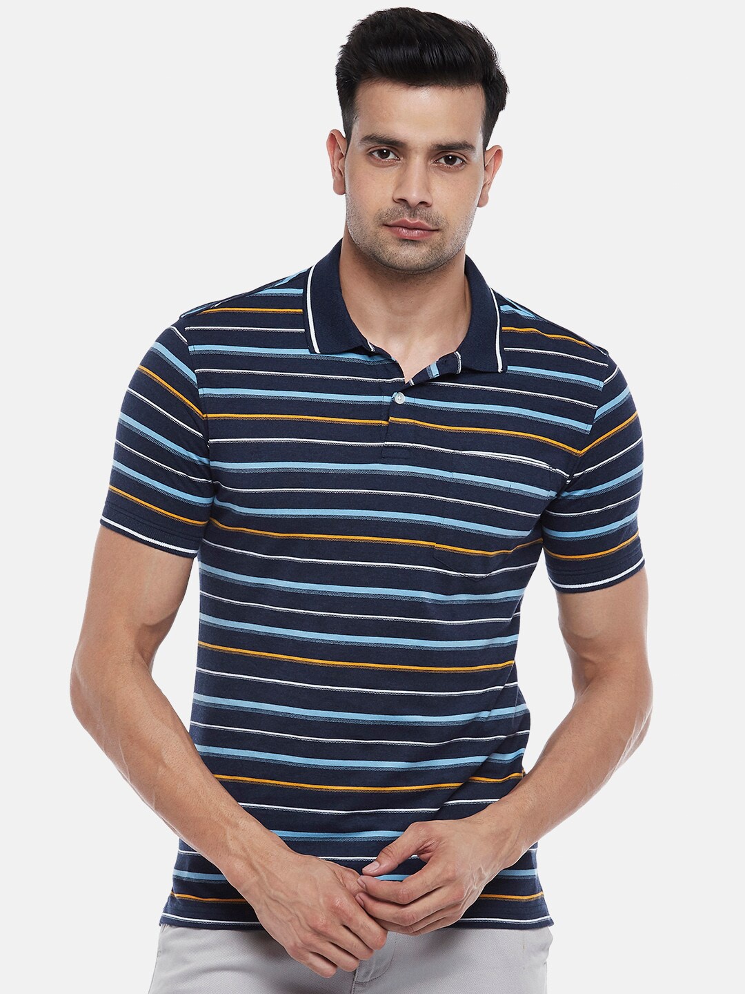

BYFORD by Pantaloons Men Blue & White Striped High Neck Slim Fit T-shirt