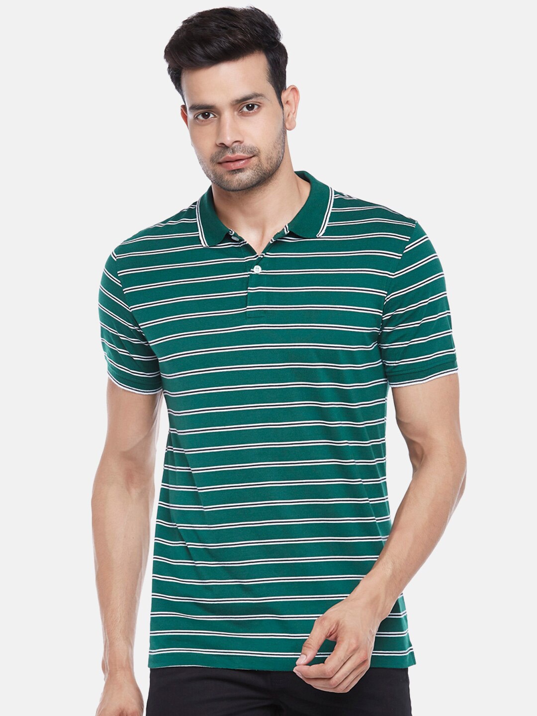 

BYFORD by Pantaloons Men Green Striped Polo Collar Slim Fit Cotton T-shirt