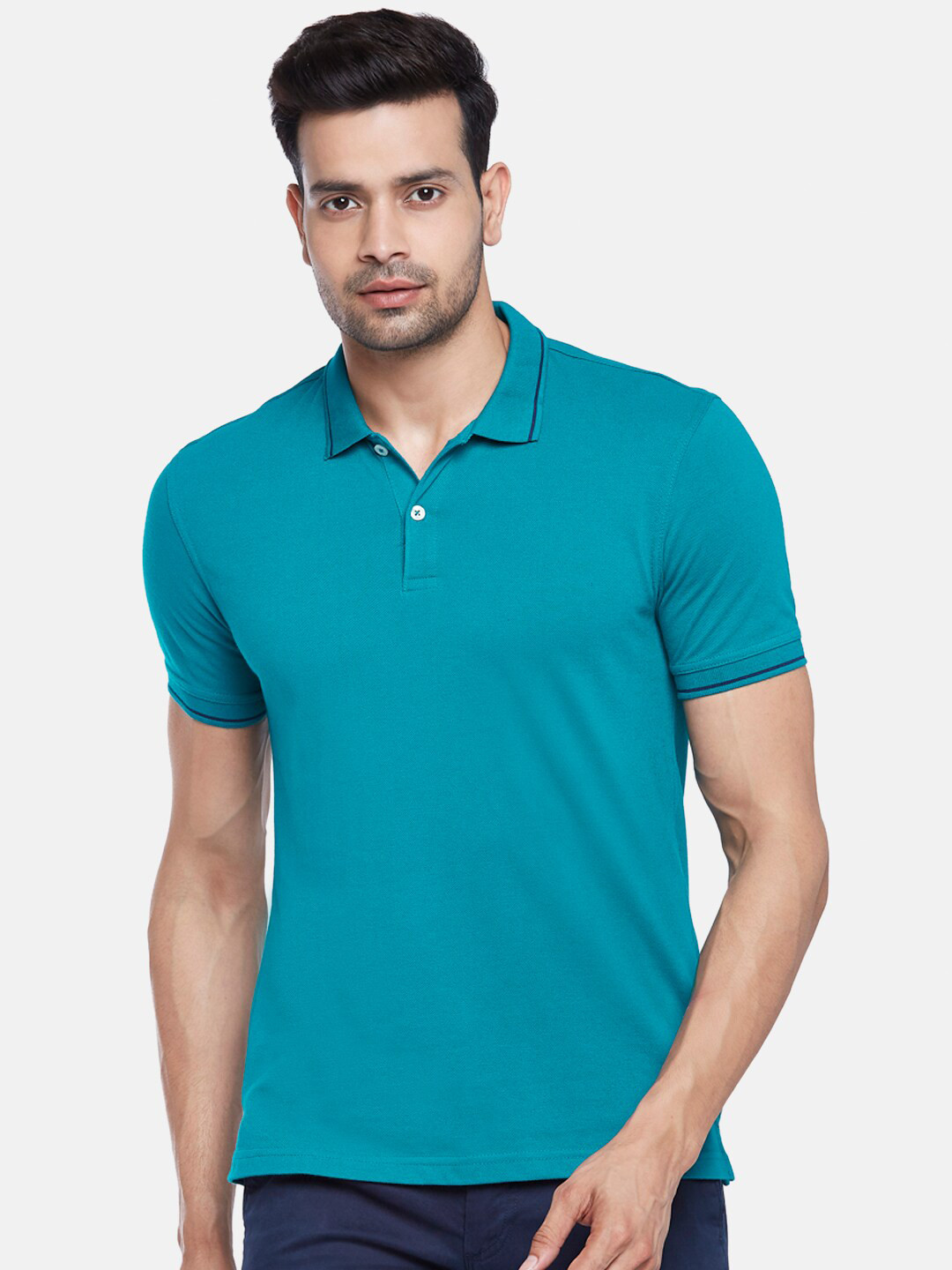 

BYFORD by Pantaloons Men Teal Green Polo Collar Cotton T-shirt