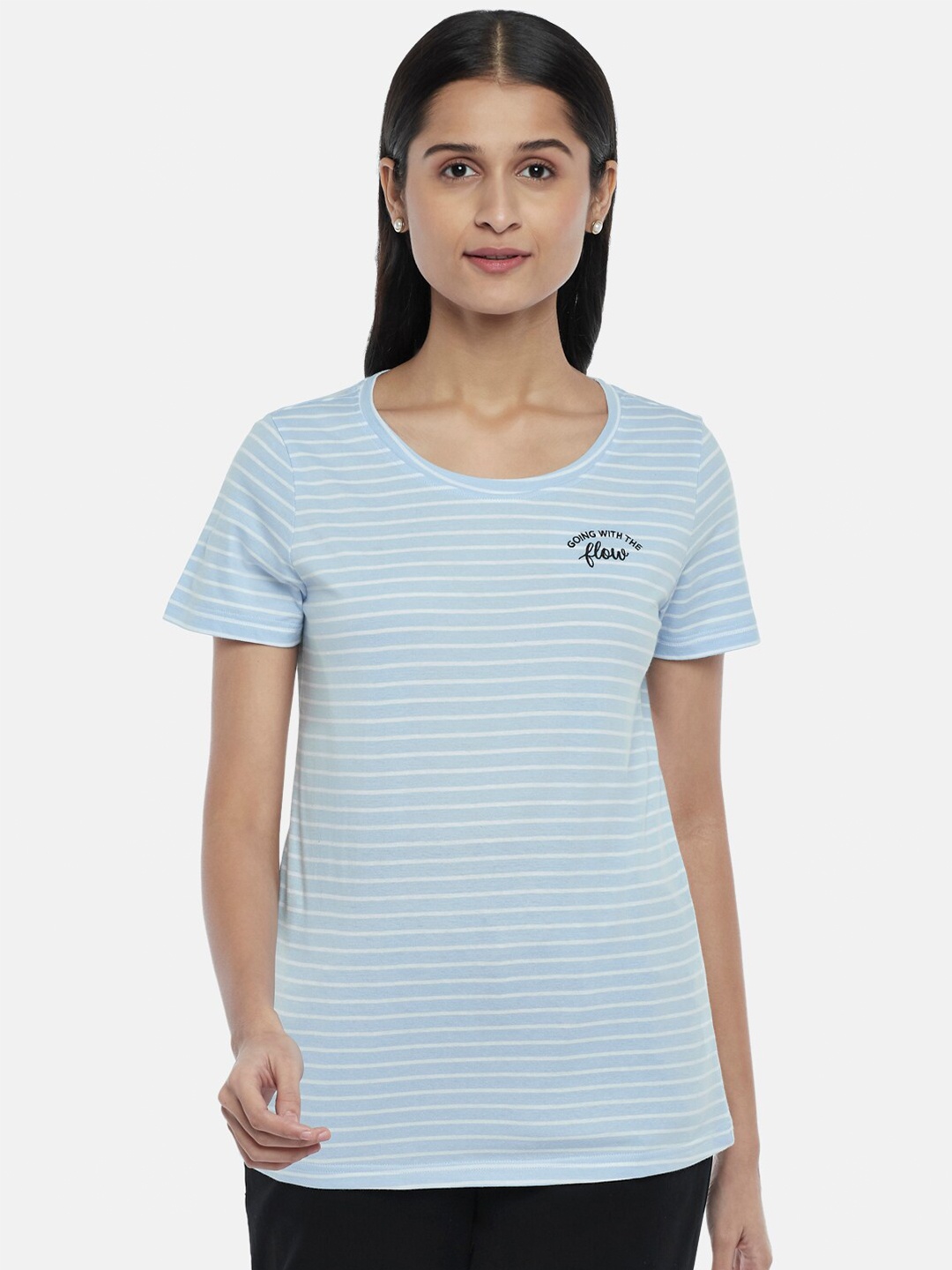

Honey by Pantaloons Women Blue & White Striped Pure Cotton T-shirt