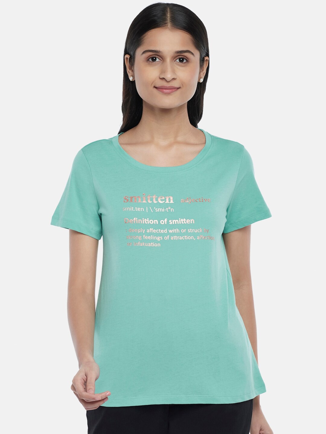 

Honey by Pantaloons Women Pastel Green Typography Printed Pure Cotton T-shirt