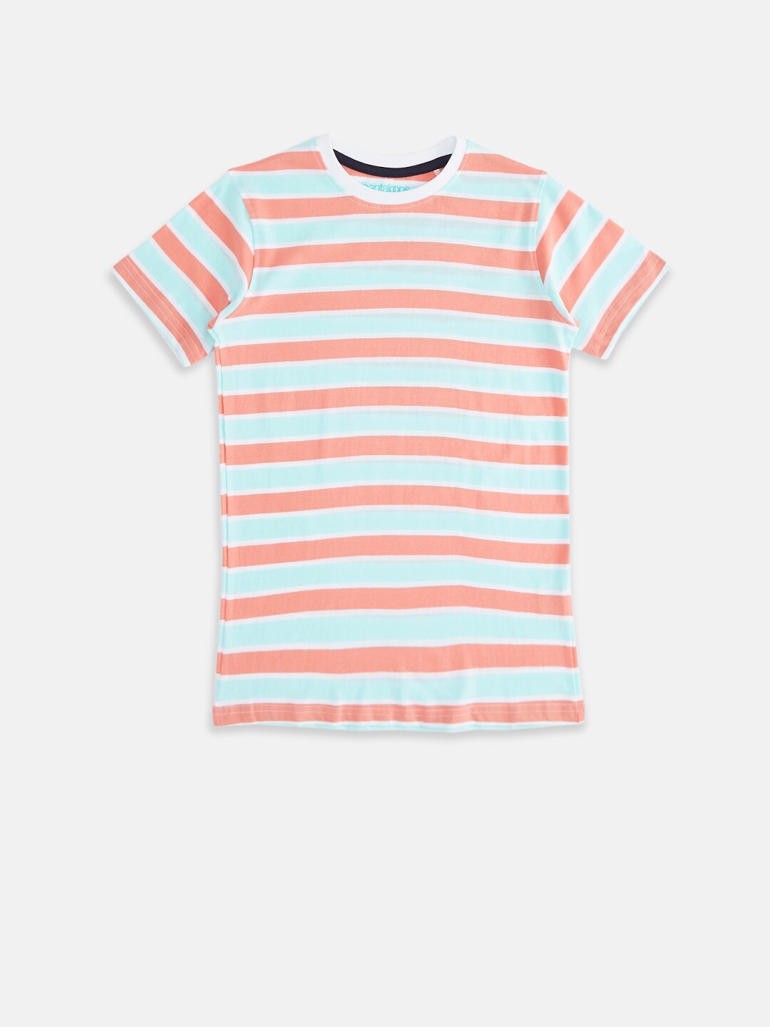 

Pantaloons Junior Boys Peach-Coloured & Sea Green Striped Pure Cotton T-shirt