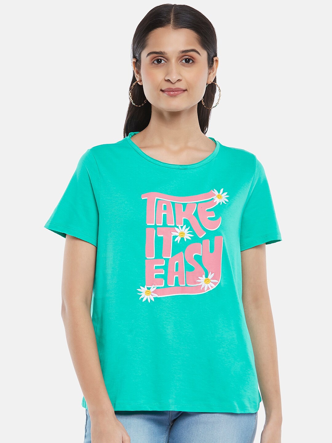 People Women Turquoise Blue Printed Pure Cotton T-shirt