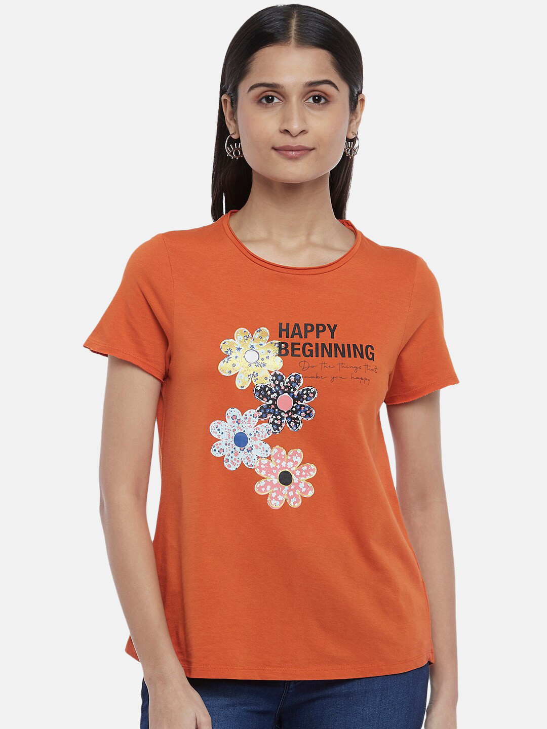 

People Women Orange Typography Printed Pure Cotton T-shirt
