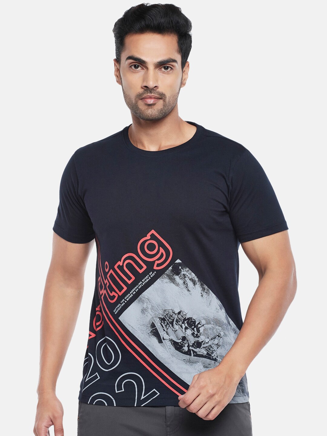 

Urban Ranger by pantaloons Men Navy Blue Printed Pure Cotton Slim Fit T-shirt