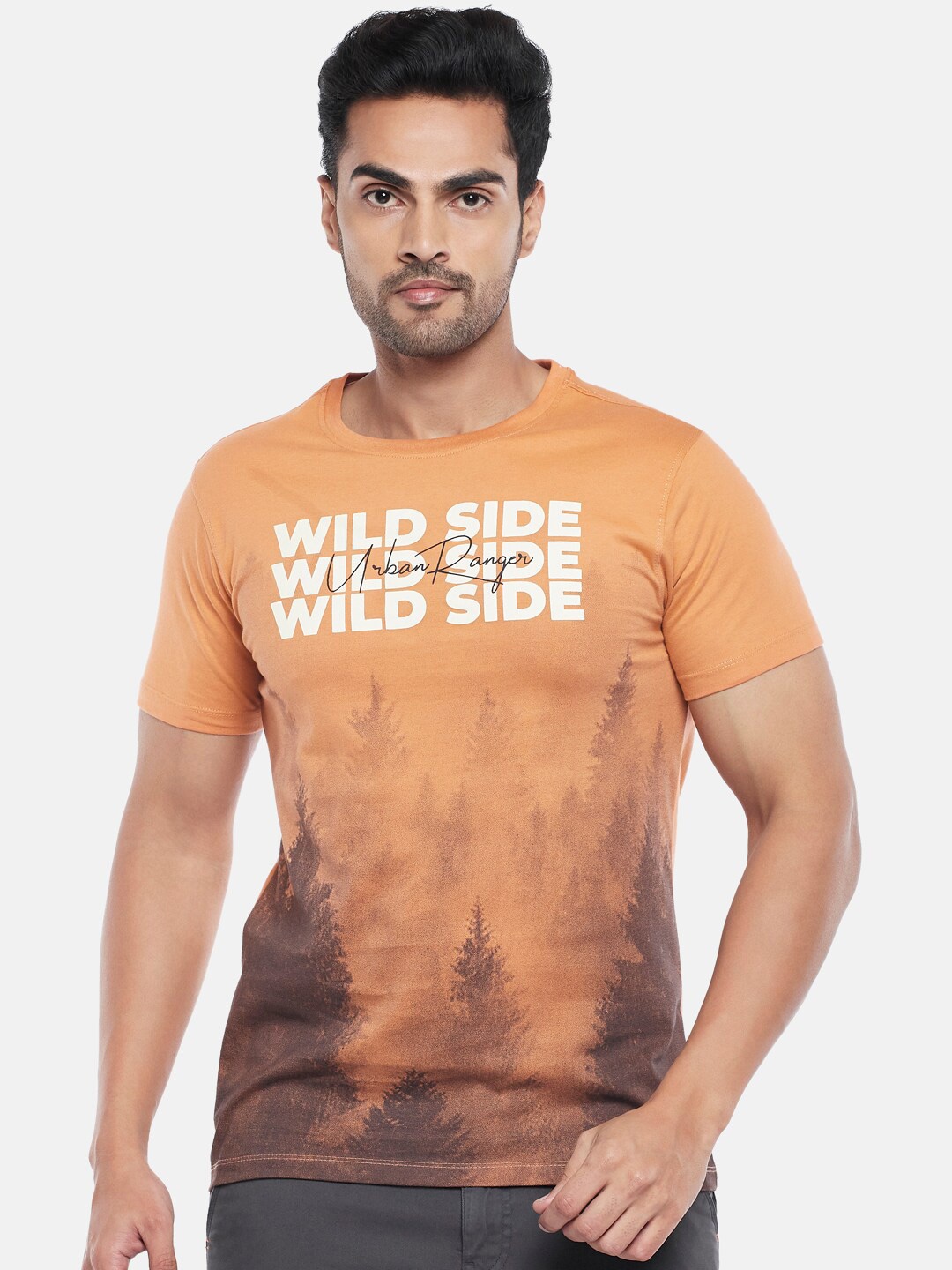 

Urban Ranger by pantaloons Men Orange Printed Pure Cotton Slim Fit T-shirt