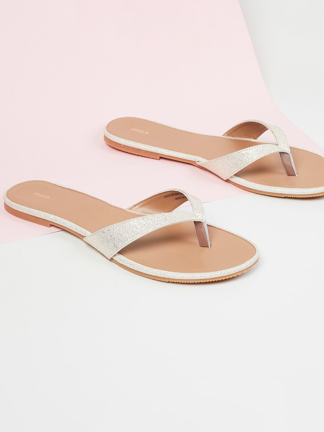 

max Women Gold-Toned & Nude Coloured T-Strap Flats