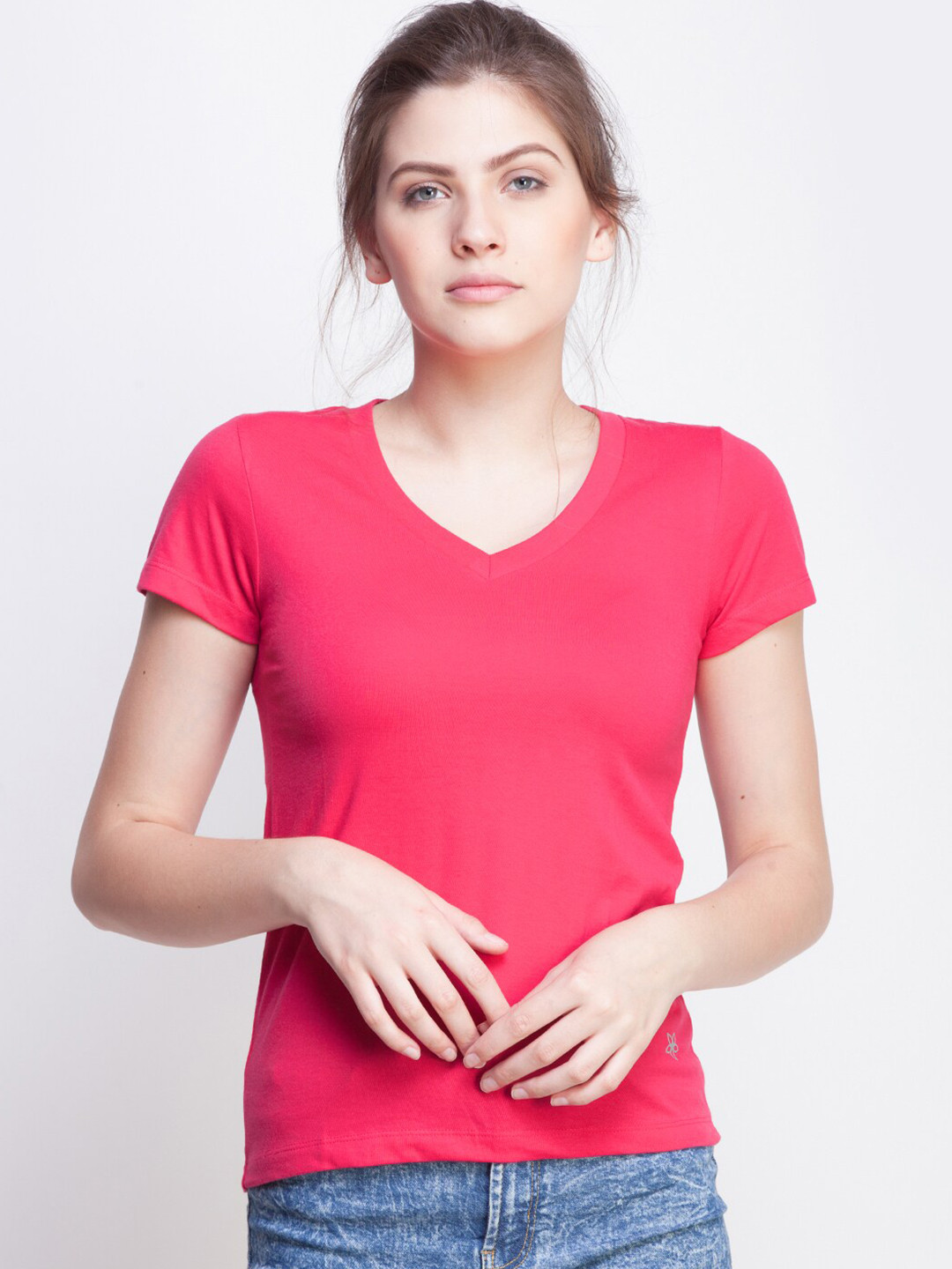 

Dollar Missy Women Fuchsia V-Neck Slim Fit Cotton T-shirt