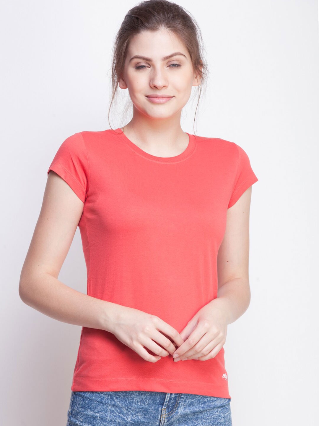 

Dollar Missy Women Red Extended Sleeves Slim Fit Cotton T-shirt