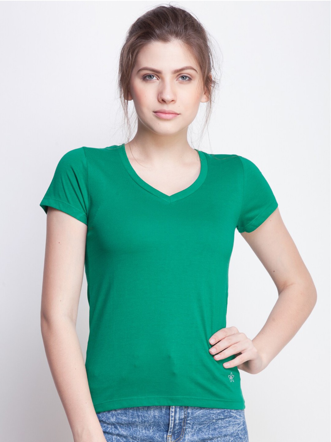 

Dollar Missy Women Green V-Neck Slim Fit T-shirt