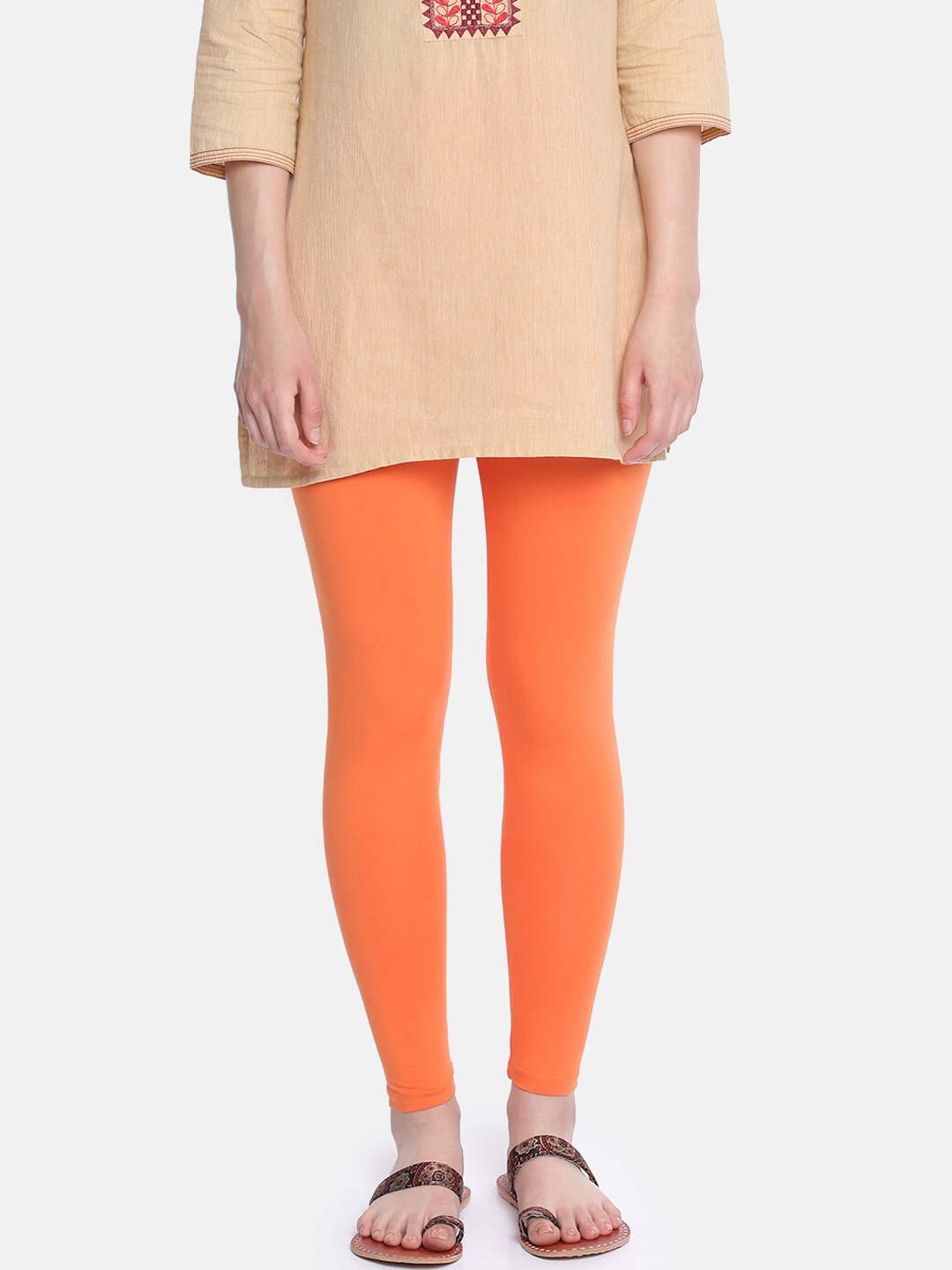 

Dollar Missy Women Orange Solid Cotton Slim-Fit Ankle-Length Leggings