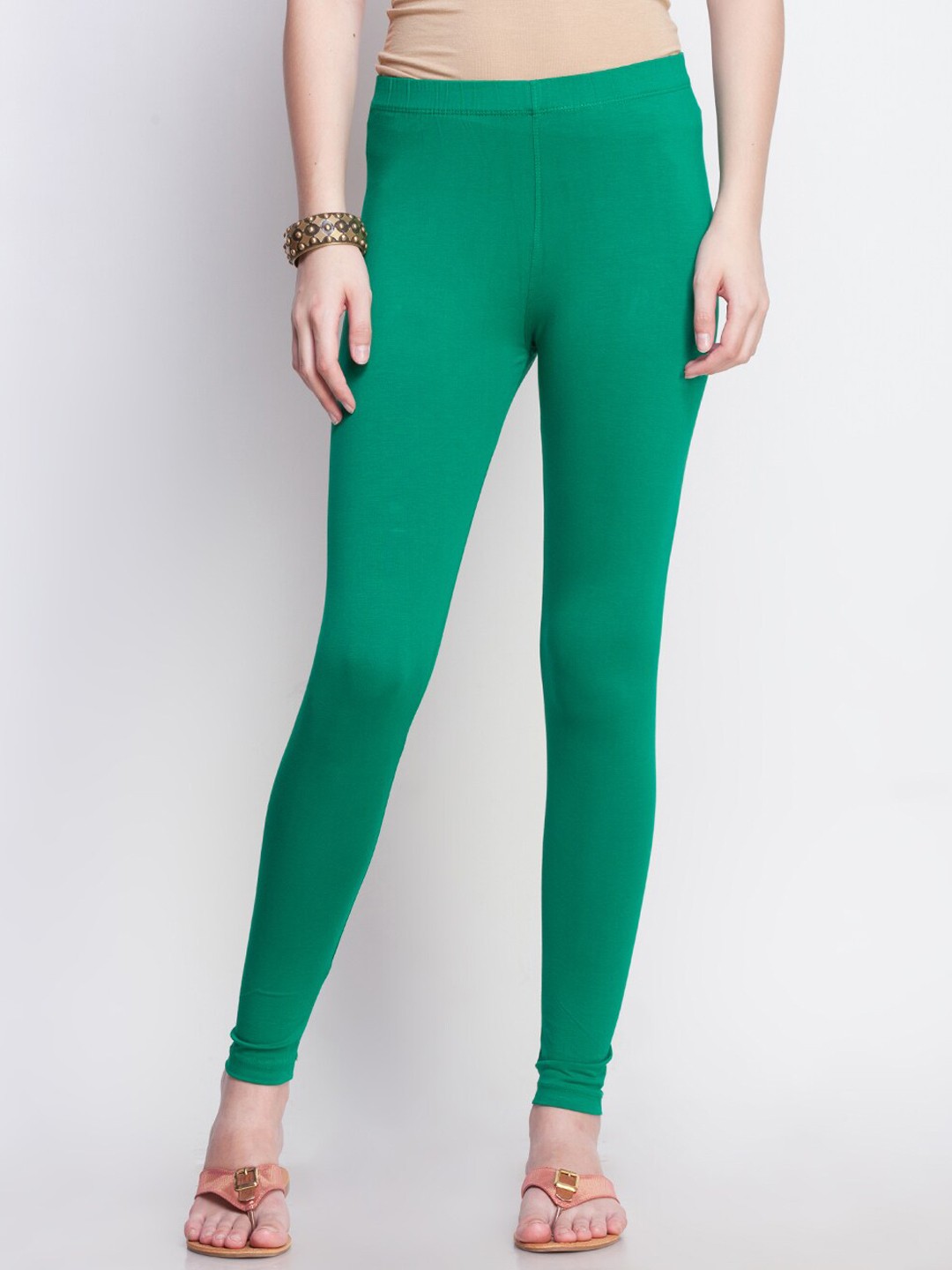 

Dollar Missy Women Green Solid Cotton Slim-Fit Ankle-Length Leggings