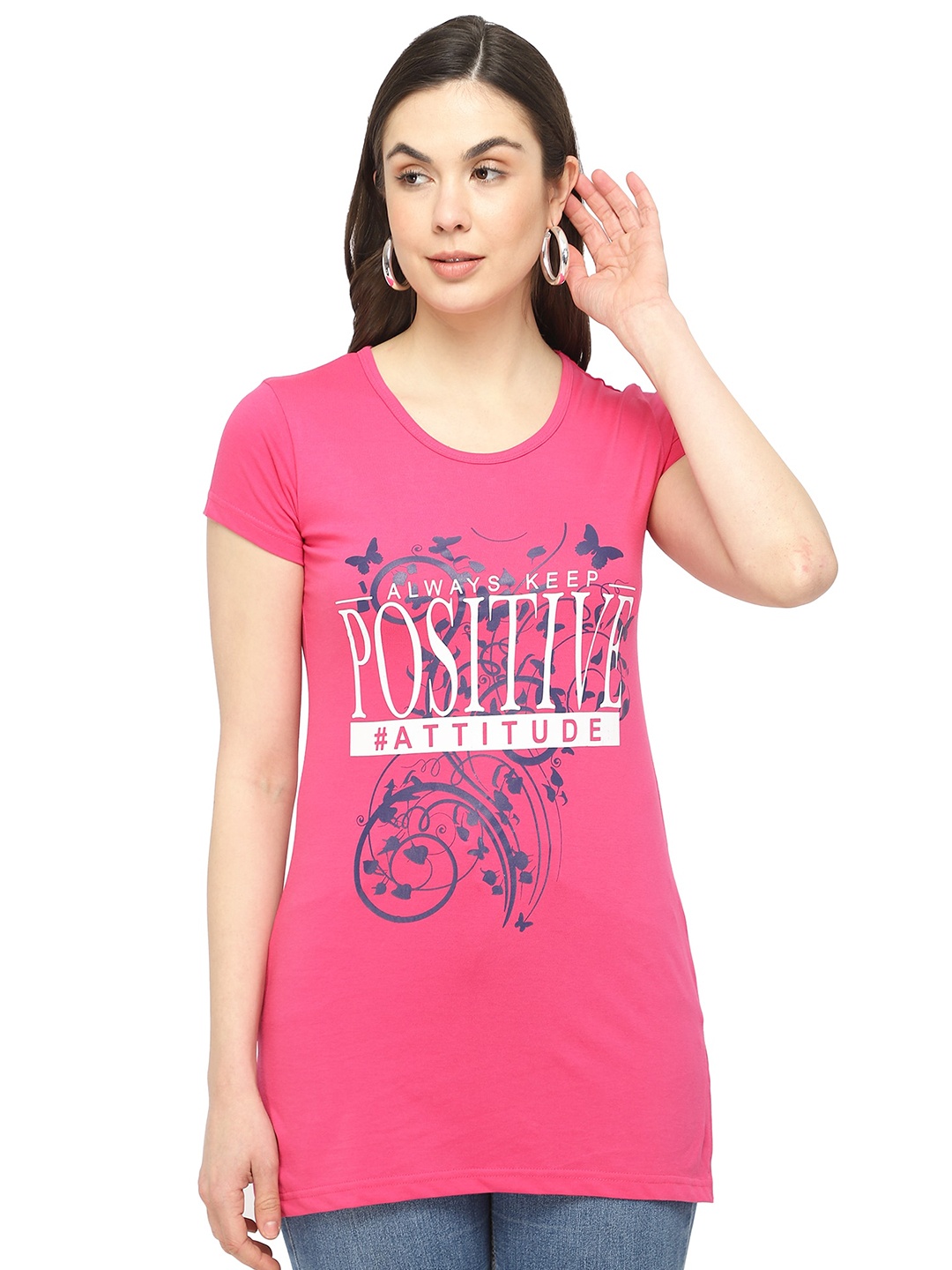 

DYCA Women Fuchsia Printed V-Neck T-shirt