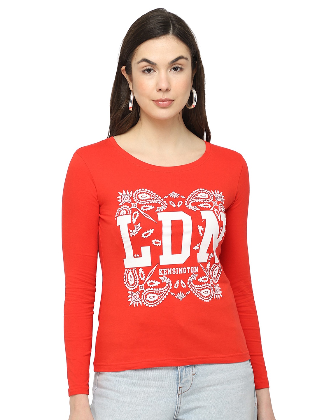 

DYCA Women Red & White Typography Printed Cotton T-shirt