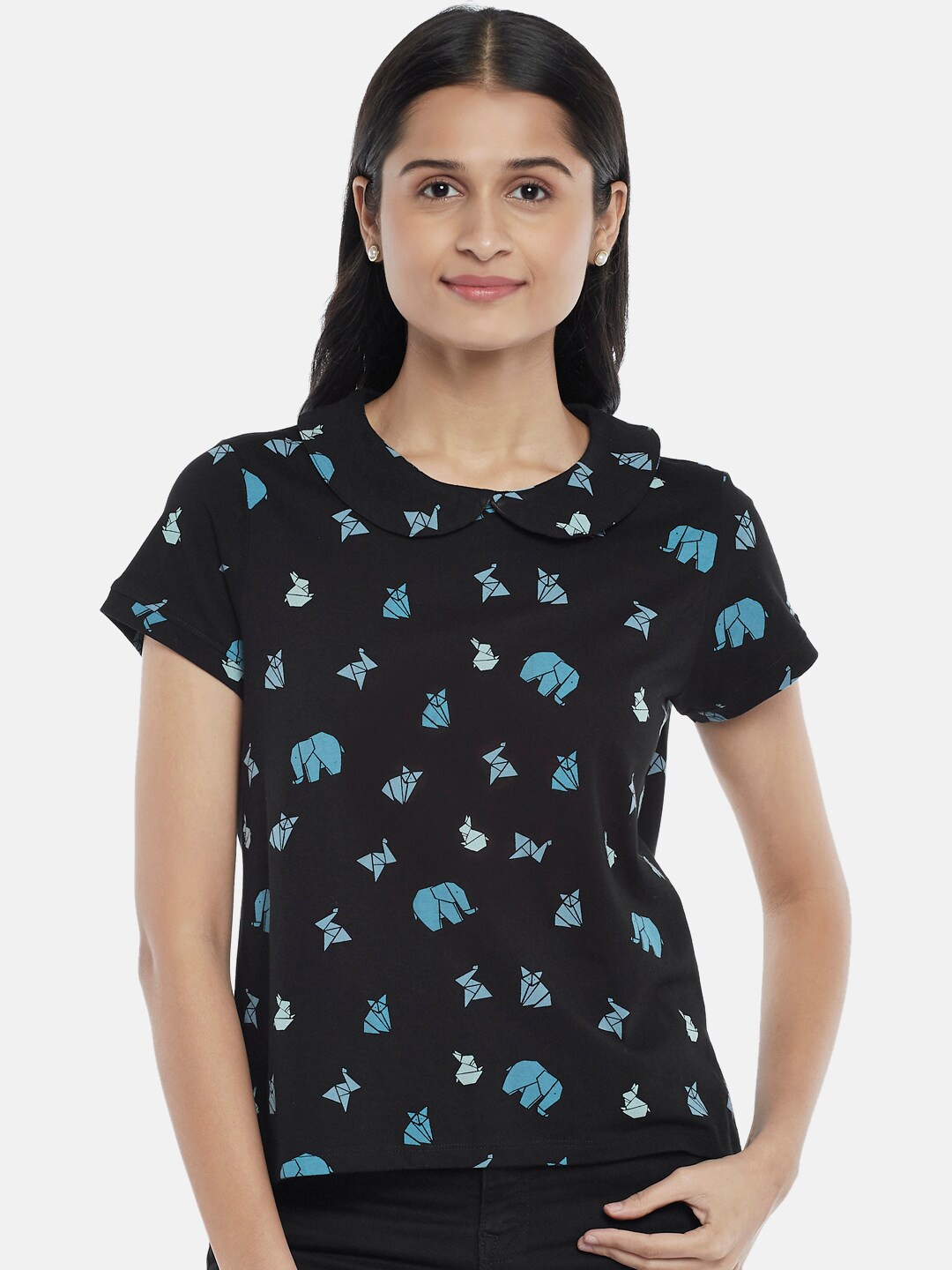 

People Black & Blue Floral Print Pure Cotton Top