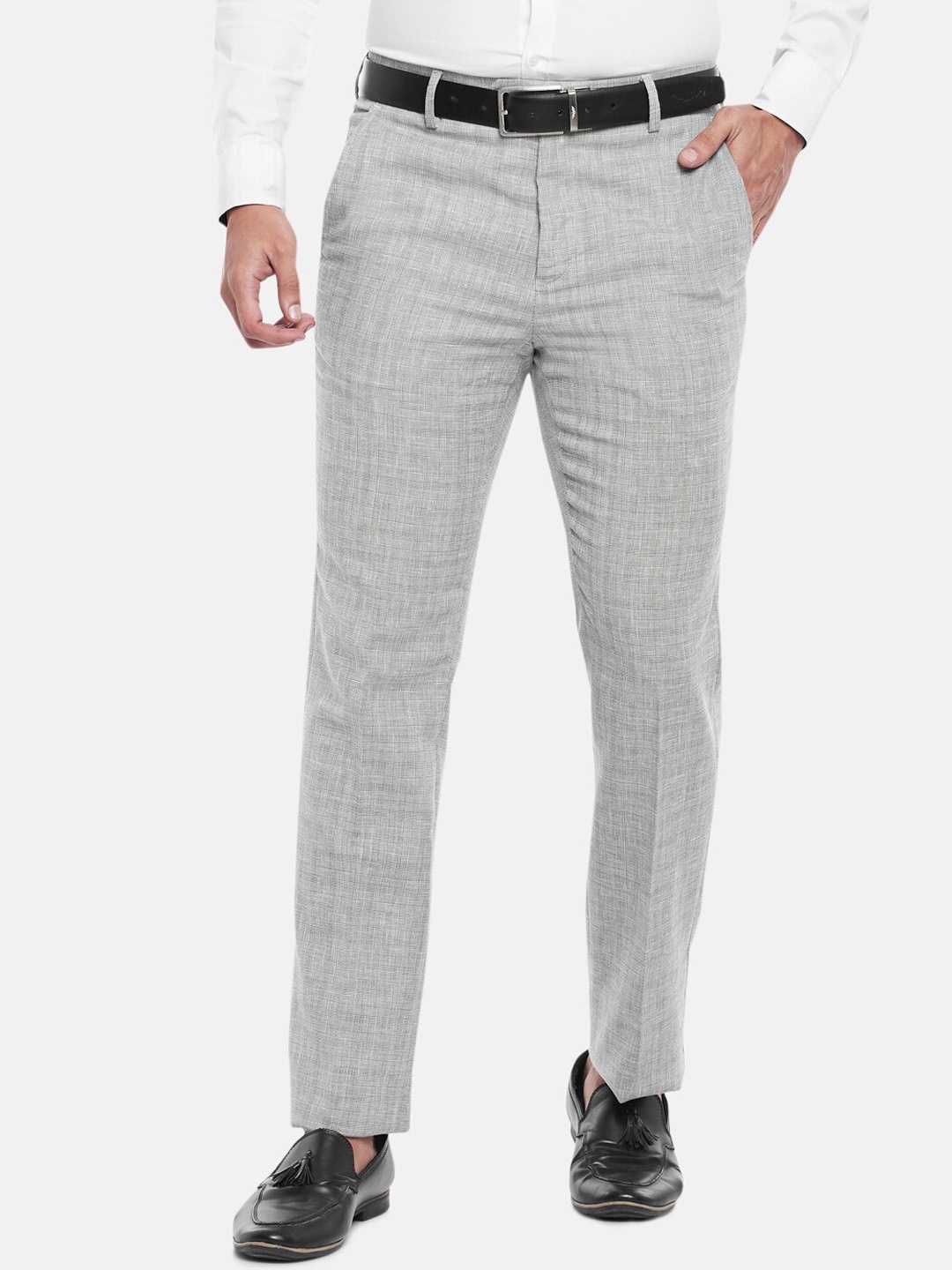 

BYFORD by Pantaloons Men Grey Textured Slim Fit Low-Rise Trousers