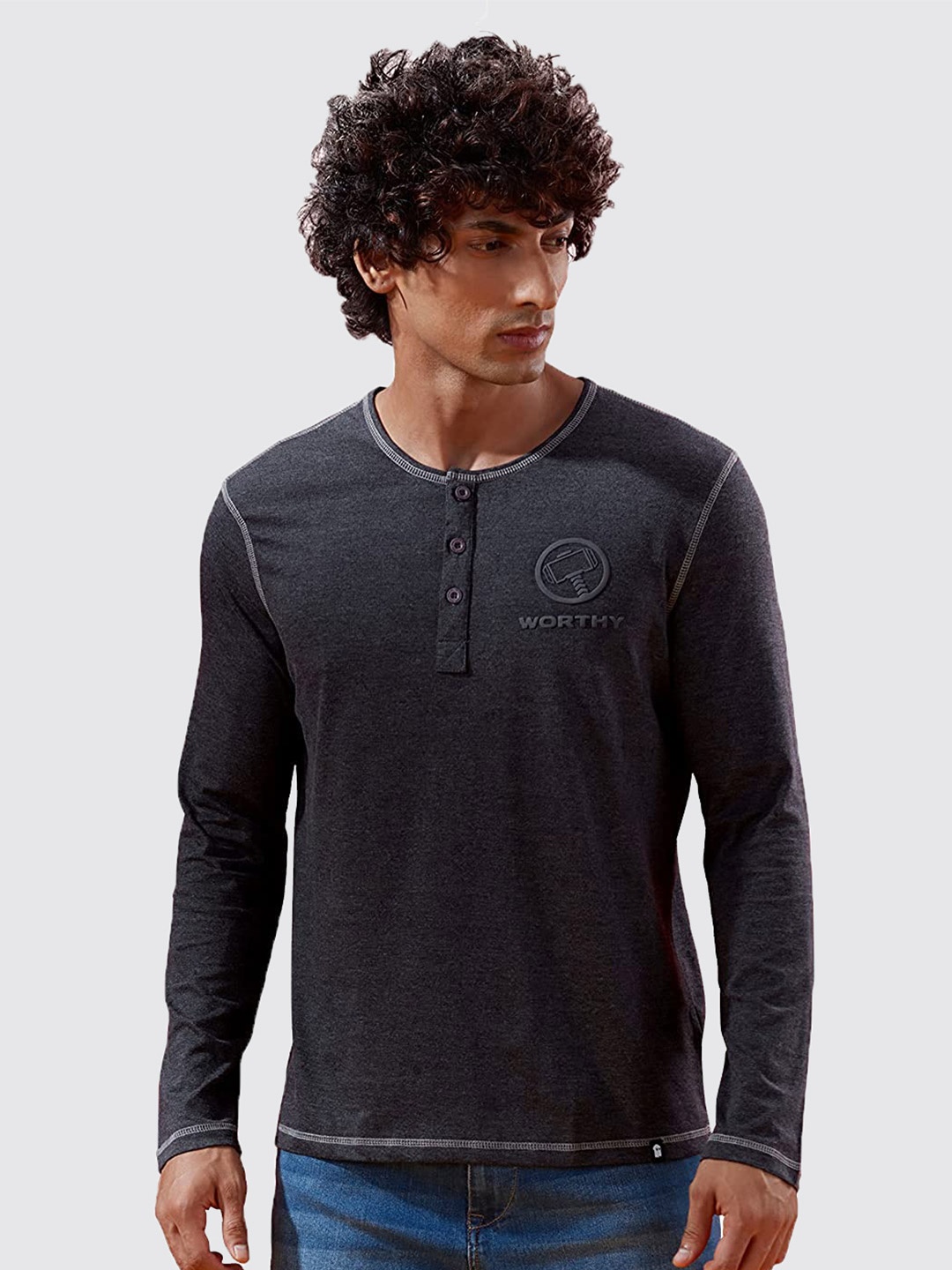 

The Souled Store Men Grey Henley Neck Cotton T-shirt