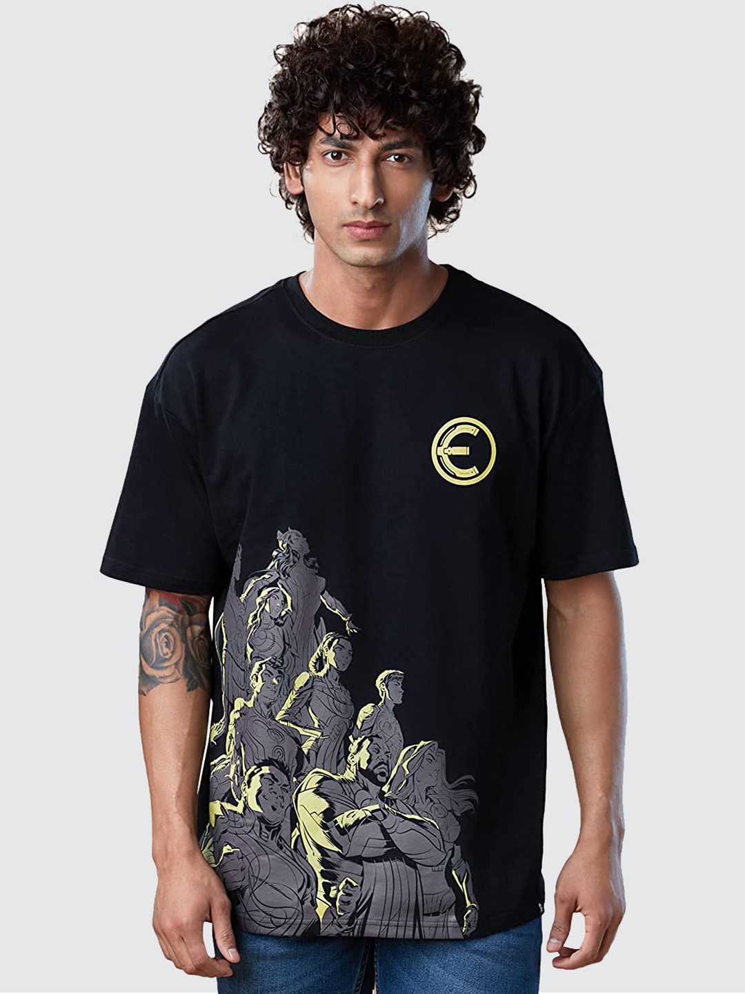 

The Souled Store Men Black Eternals The Team Placement Print Oversized T-Shirt