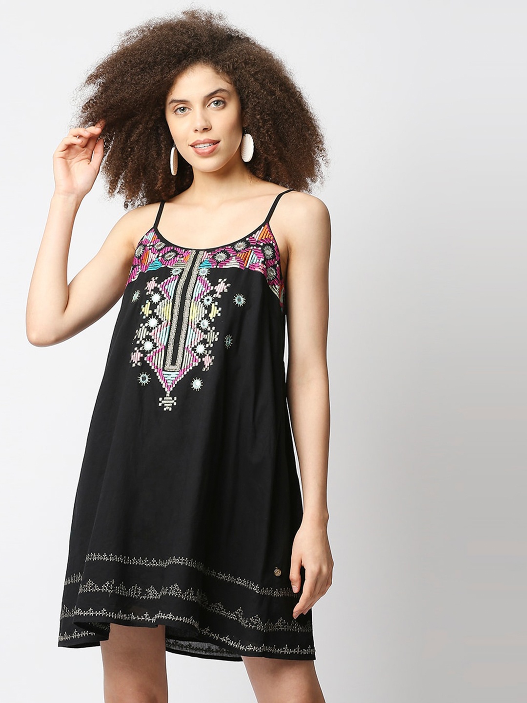 

aaliya Women Black Ethnic Motifs Embroidered A-Line Mini Dress