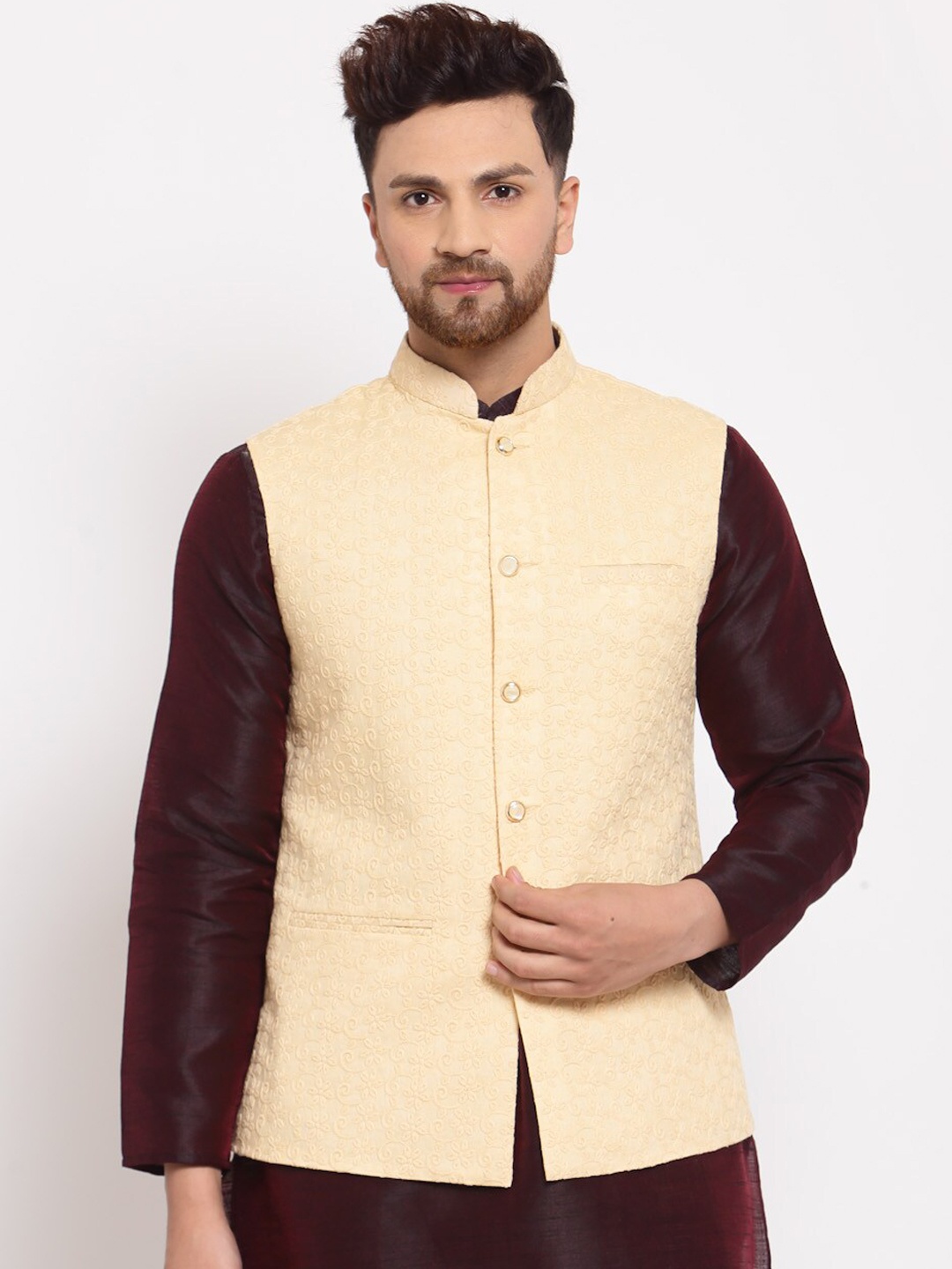 

Badoliya & Sons Men Beige Embroidered Design Nehru Jacket