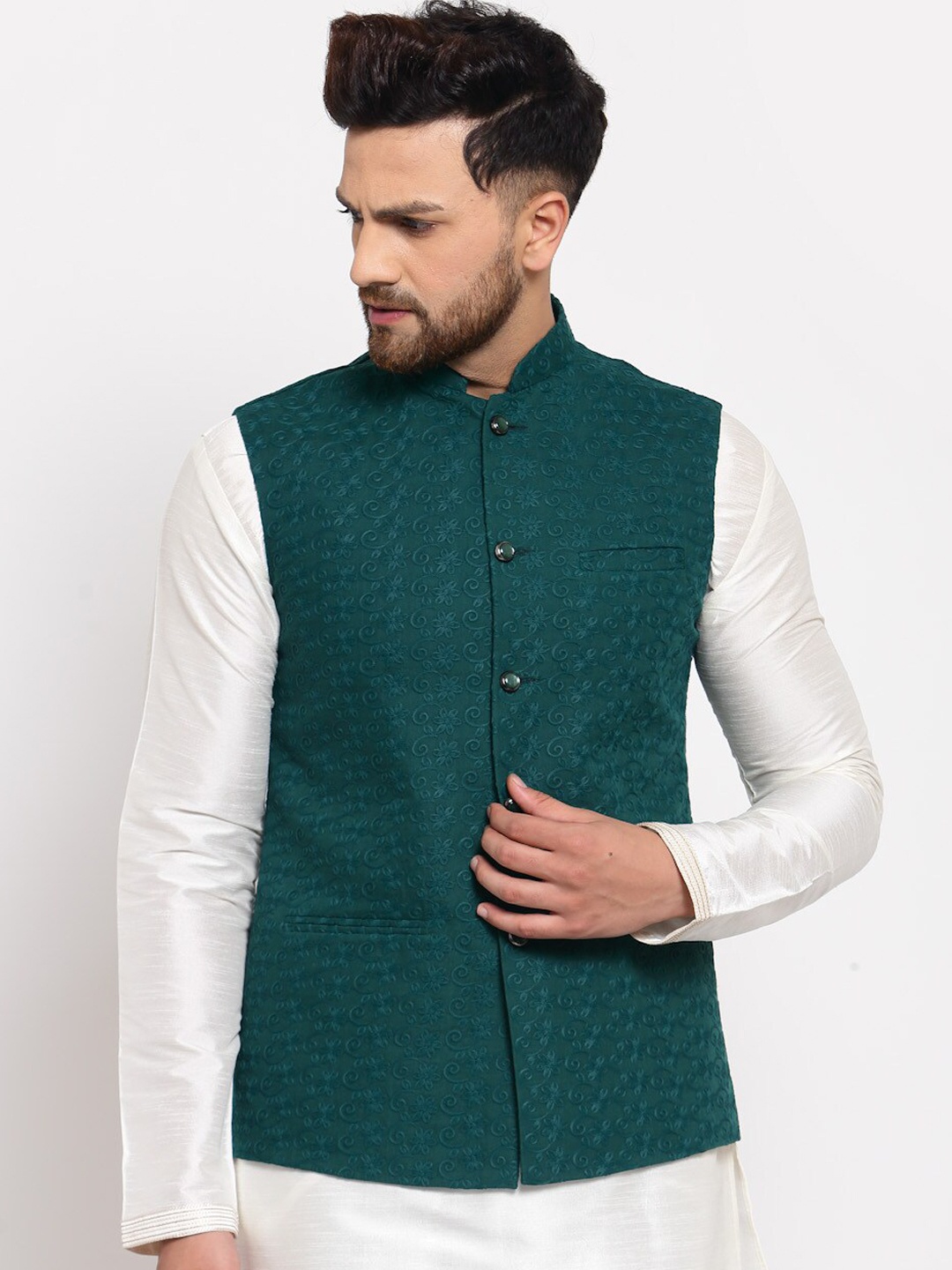 

Badoliya & Sons Men Olive Green Chikankari Embroidered Nehru Jacket