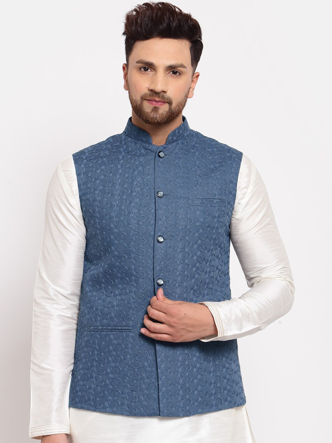 

Badoliya & Sons Men Blue Embroidered Woven Nehru Jacket