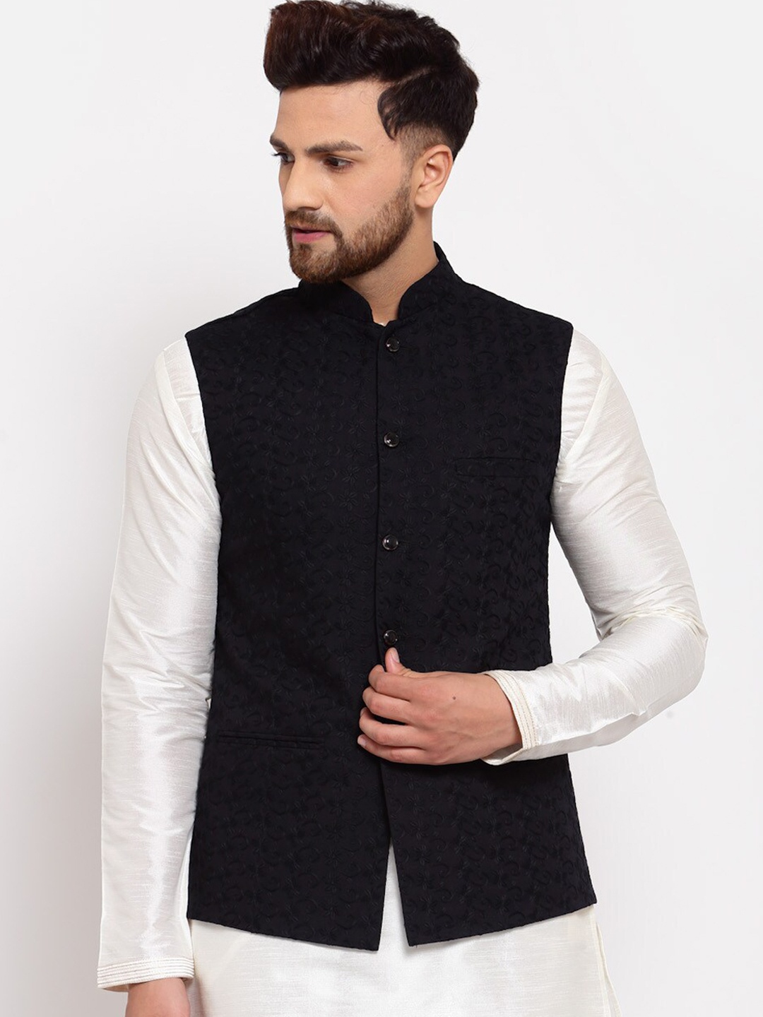

Badoliya & Sons Men Black Chikankari Embroidered Design Nehru Jacket