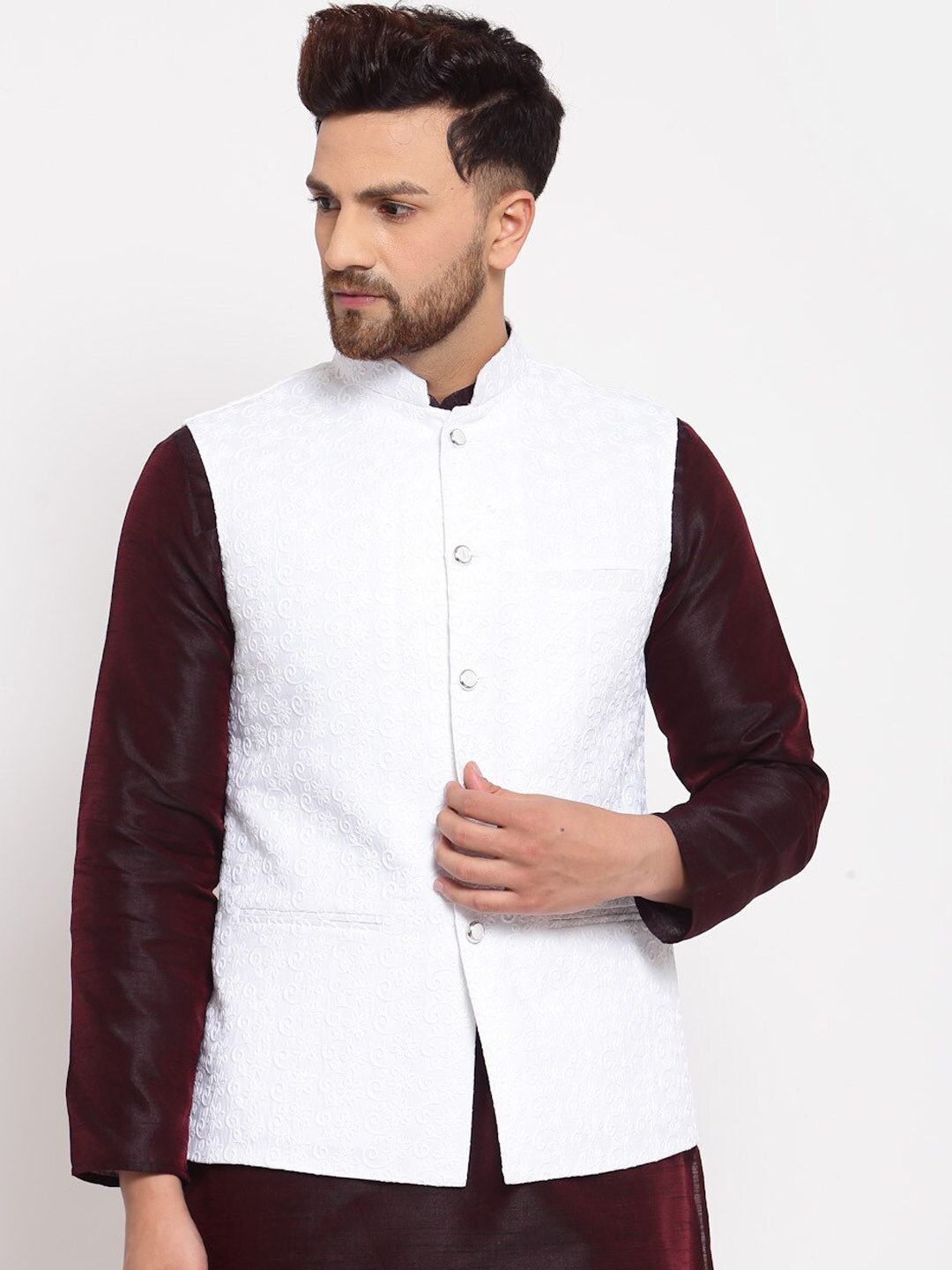 

Badoliya & Sons Men White Chikankari Embroidered Design Nehru Jacket