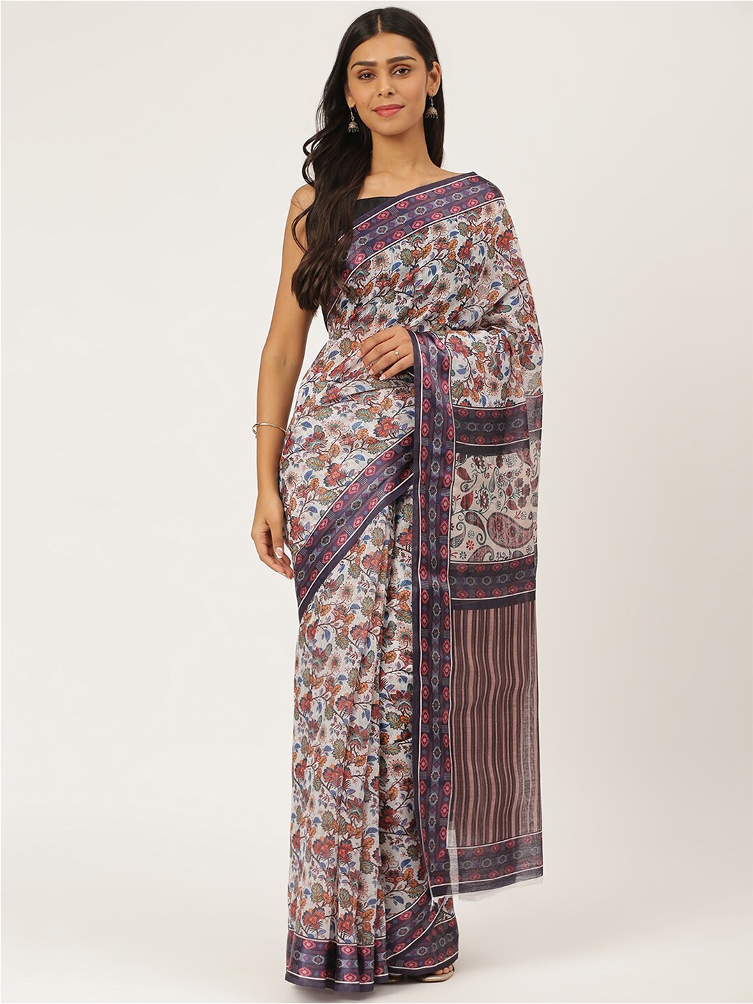 

KARAGIRI White & Brown Ethnic Motifs Printed Cotton Linen Saree