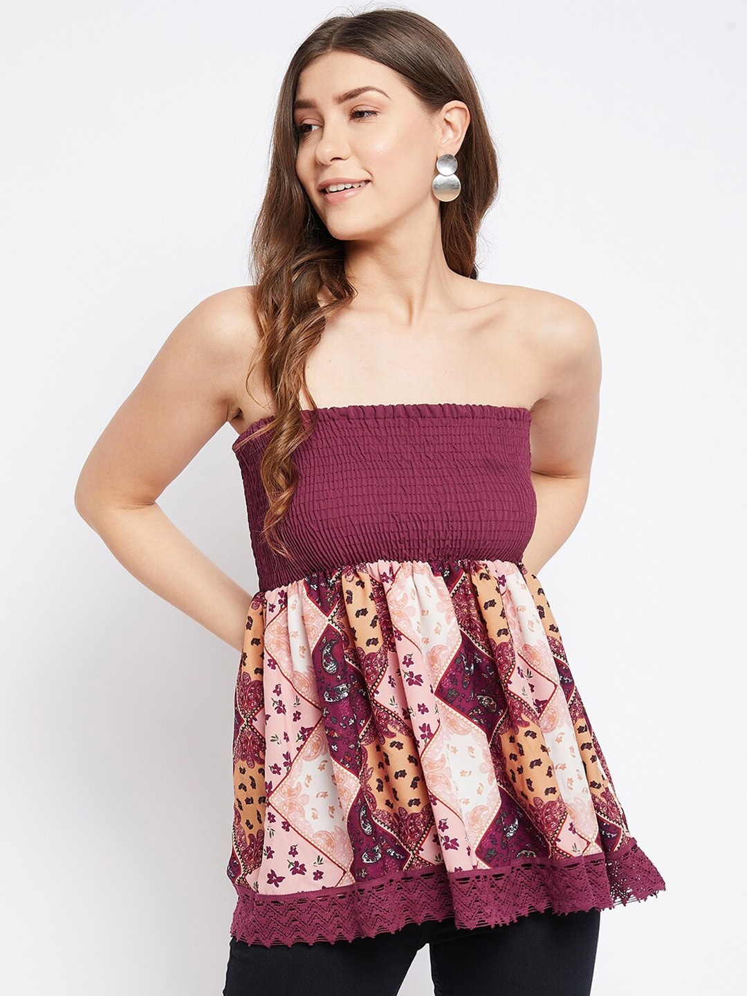 Ruhaans Women Pink & Burgundy Floral Printed Tube Top
