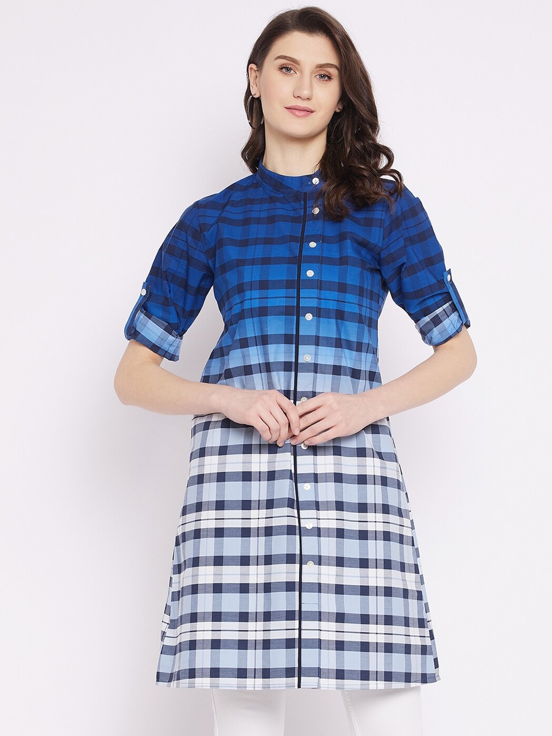 

Ruhaans Blue & White Mandarin Collar Cotton Checked Tunic