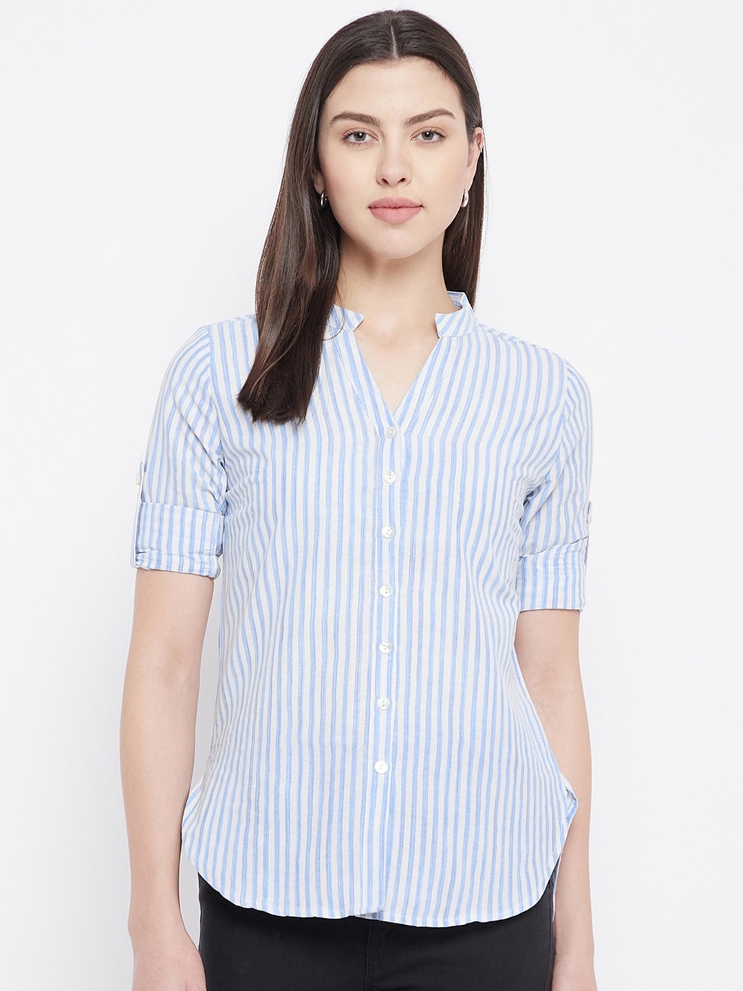 

Ruhaans Women White Classic Striped Cotton Casual Shirt