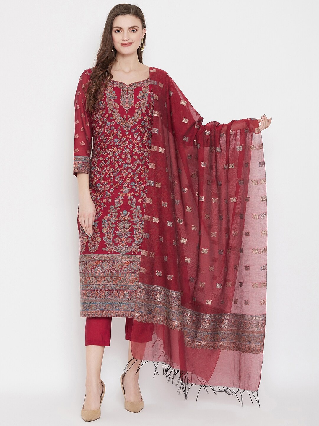 

Safaa Women Maroon Woven Design Unstitched Dress Material