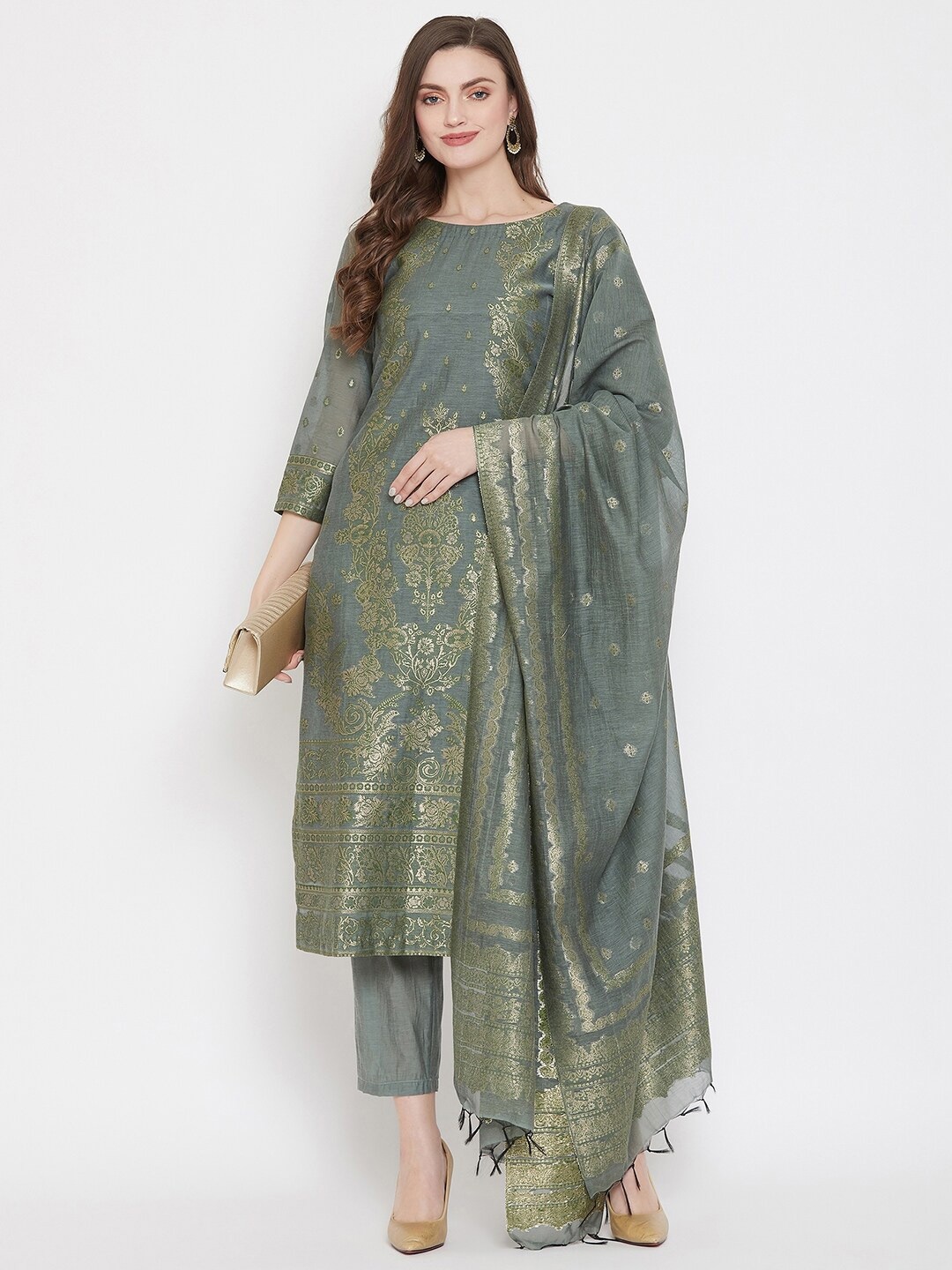 

Safaa Olive Green & Gold-Toned Unstitched Dress Material