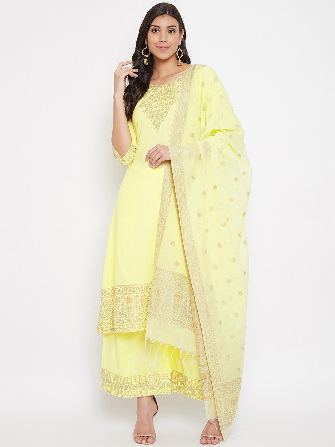 

Safaa Yellow & Gold-Toned Unstitched Dress Material