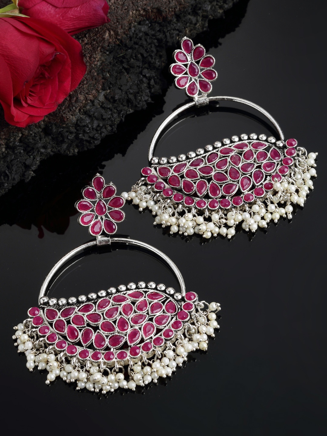 

PANASH Silver-Toned Circular Chandbalis Earrings
