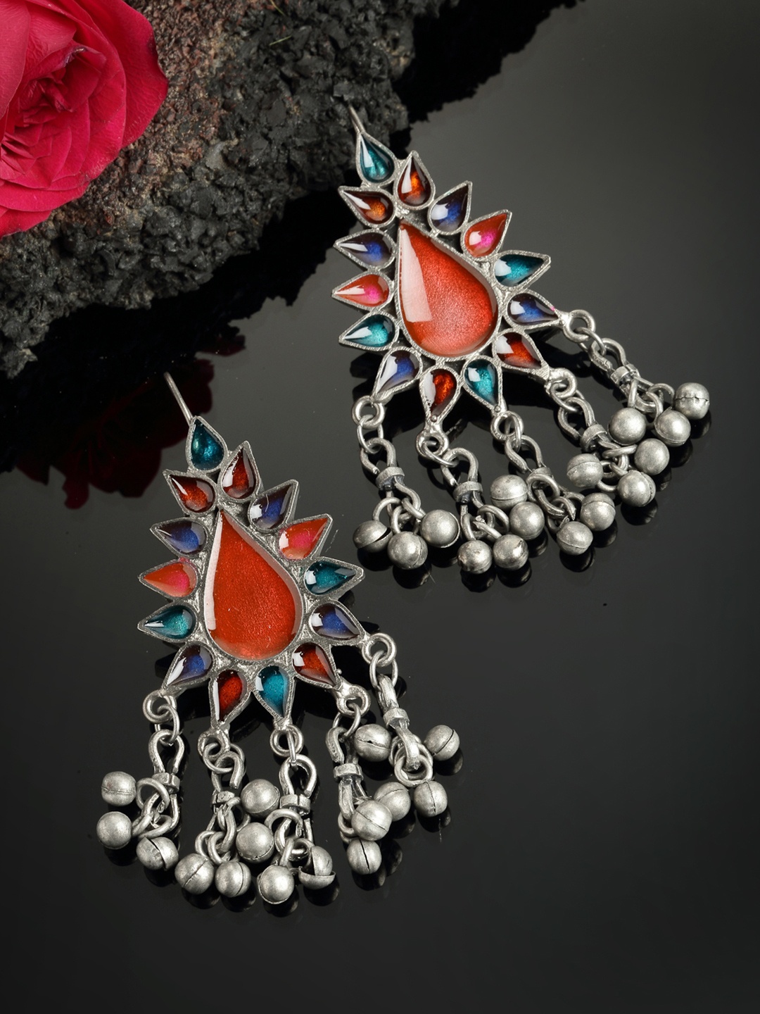 

PANASH Silver-Toned Oxidized Silver-Toned Enamelled Drop Earrings