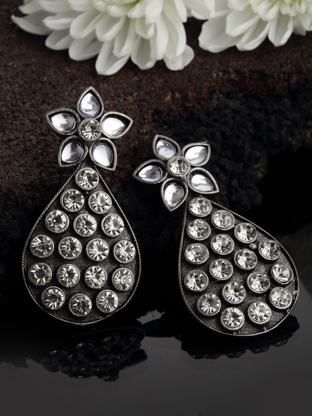 

PANASH Silver-Toned Oxidized Teardrop Shaped CZ-Studded Drop Earrings