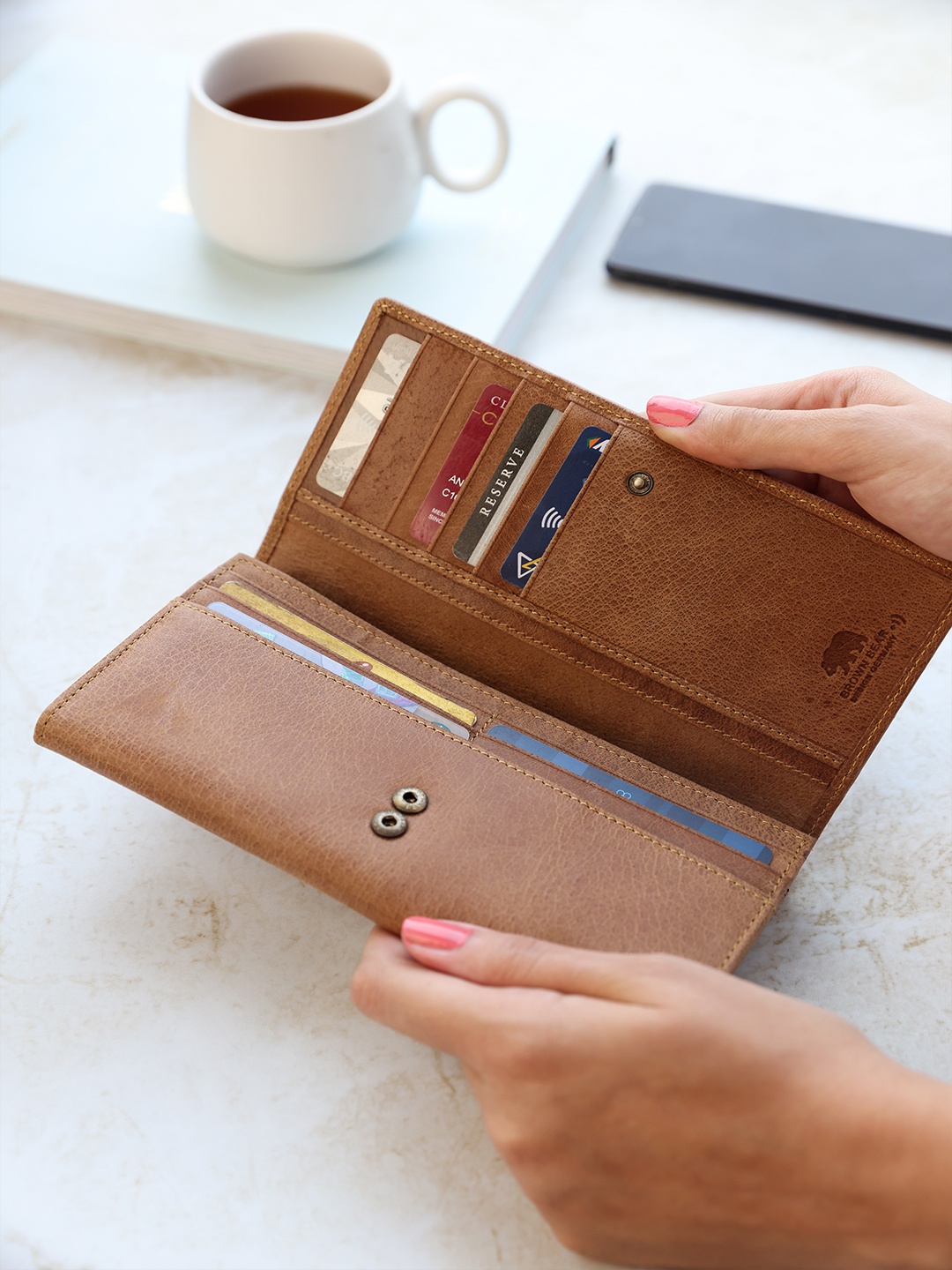 

BROWN BEAR Women Camel Brown Textured Leather Envelope Wallet