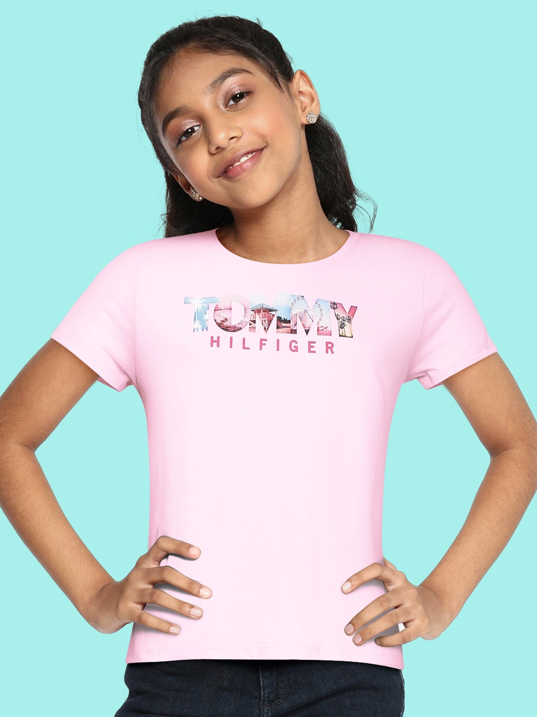 

Tommy Hilfiger Girls Pink Brand Logo Pure Cotton Regular Fit T-shirt