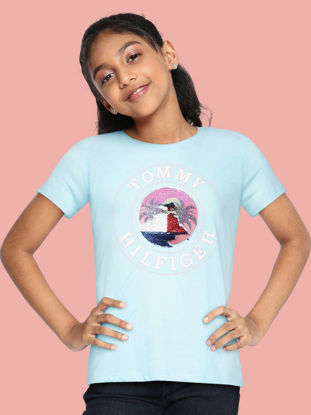 

Tommy Hilfiger Girls Blue Brand Logo Printed Pure Cotton Regular Fit T-shirt