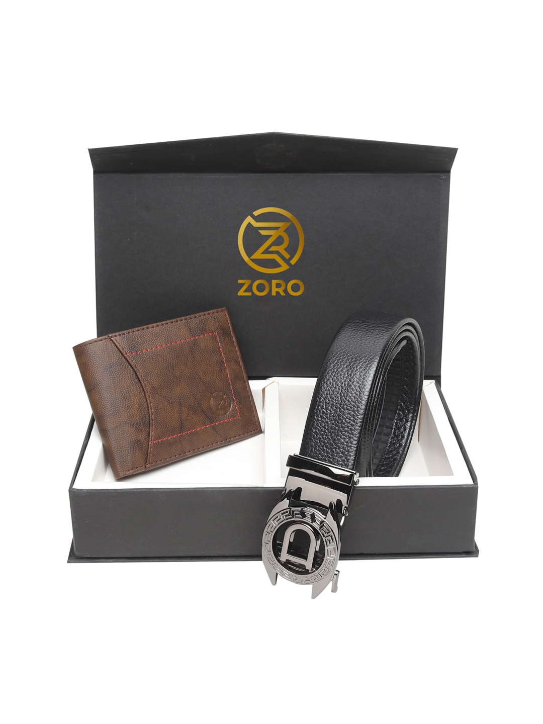 

ZORO Men Black & Brown Textured Leather Belt & Wallet Set