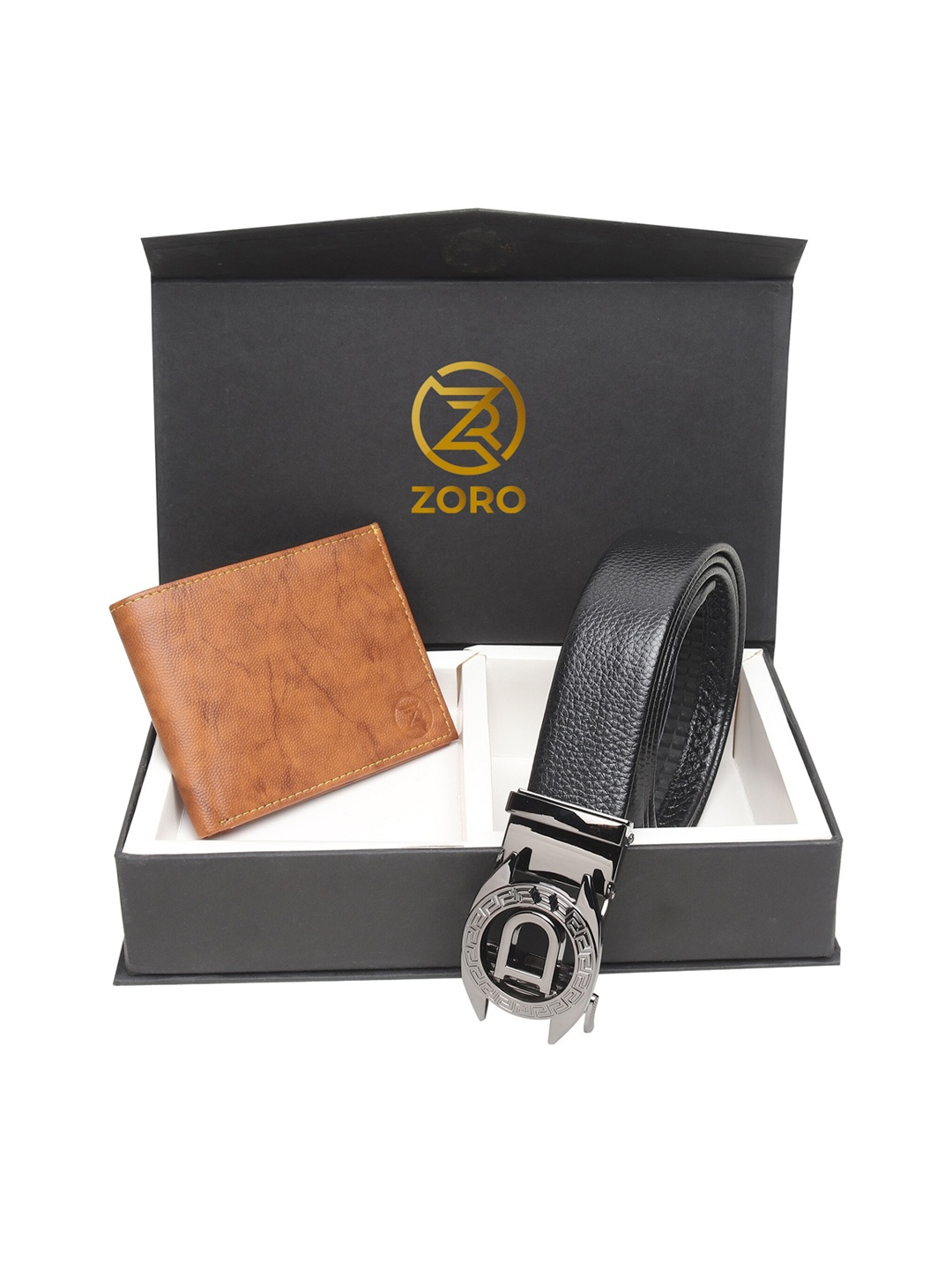 

ZORO Men Black & Tan Brown Leather Belt & Wallet Accessory Gift Set