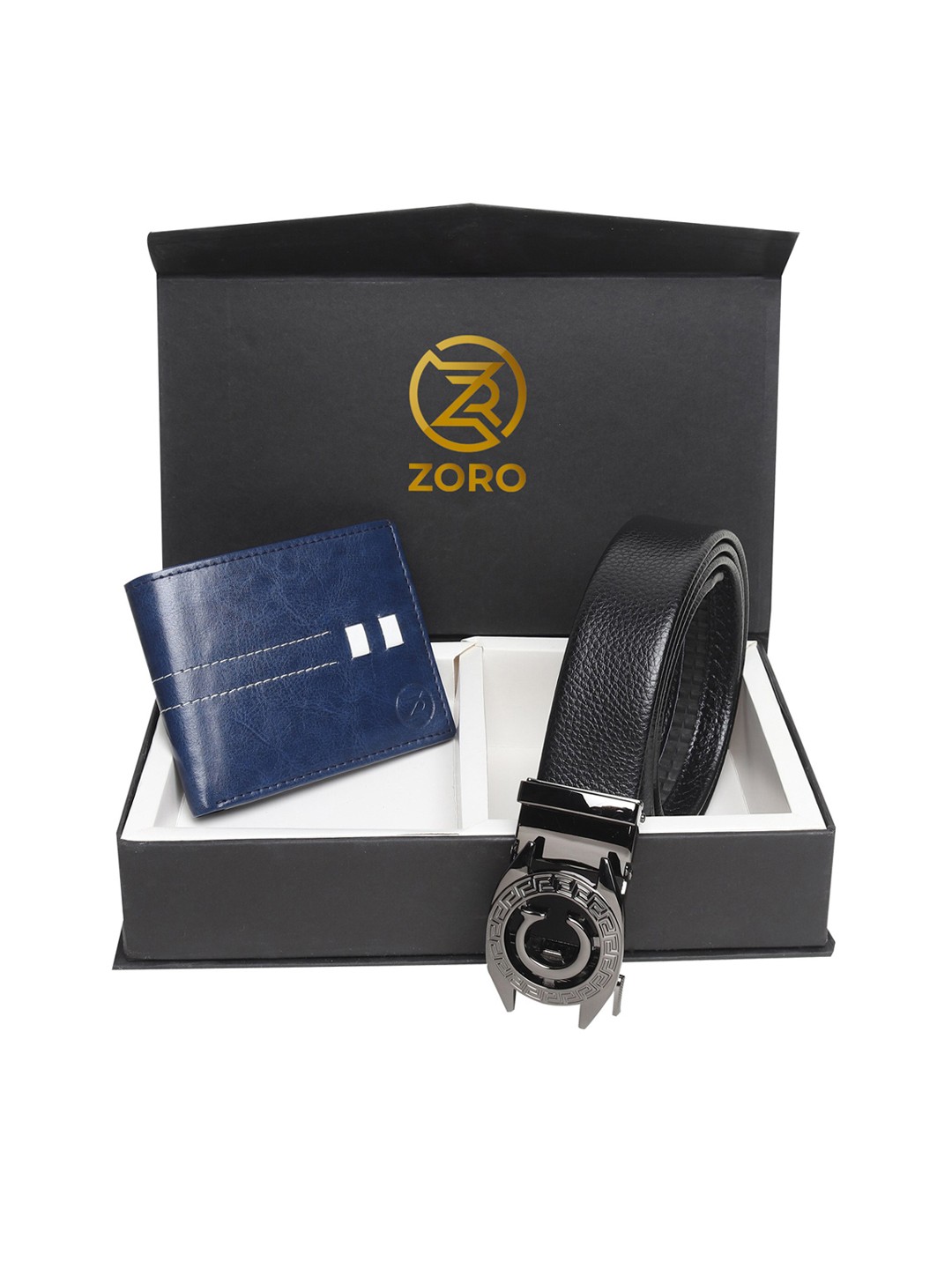 

ZORO Men Black & Blue Solid Leather Belt & Wallet Accessory Gift Set