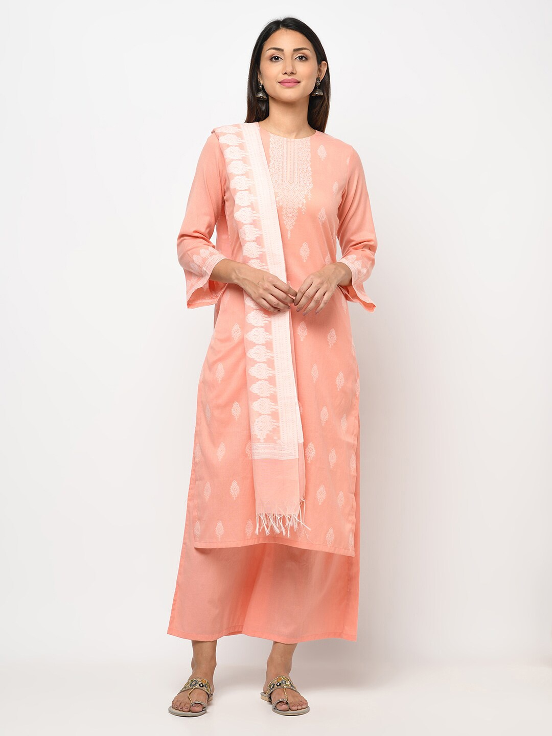 

Safaa Orange & White Unstitched Dress Material