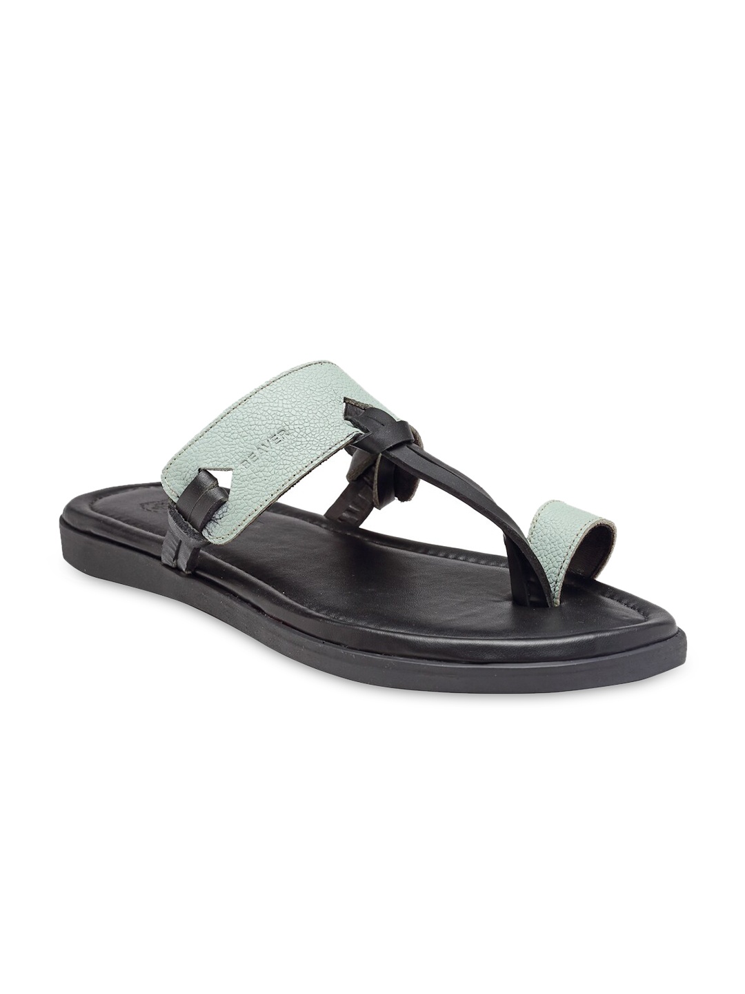 

BEAVER Men Sea Green & Black Textured Leather Comfort Sandals