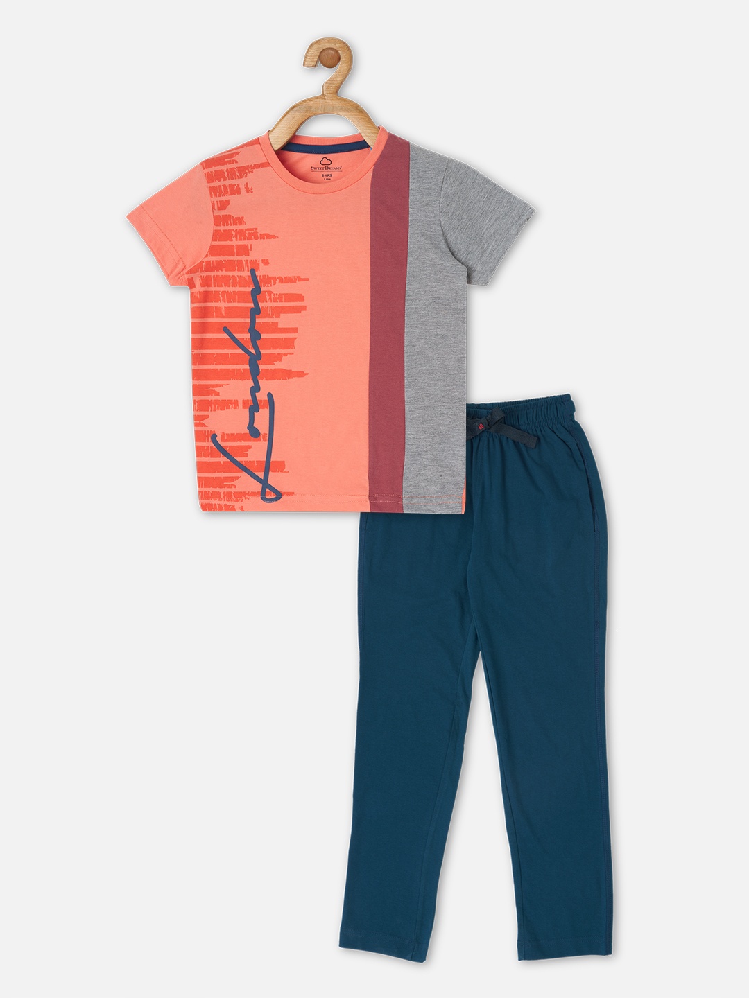 

Sweet Dreams Boys Peach-Coloured & Blue Colourblocked Night suit