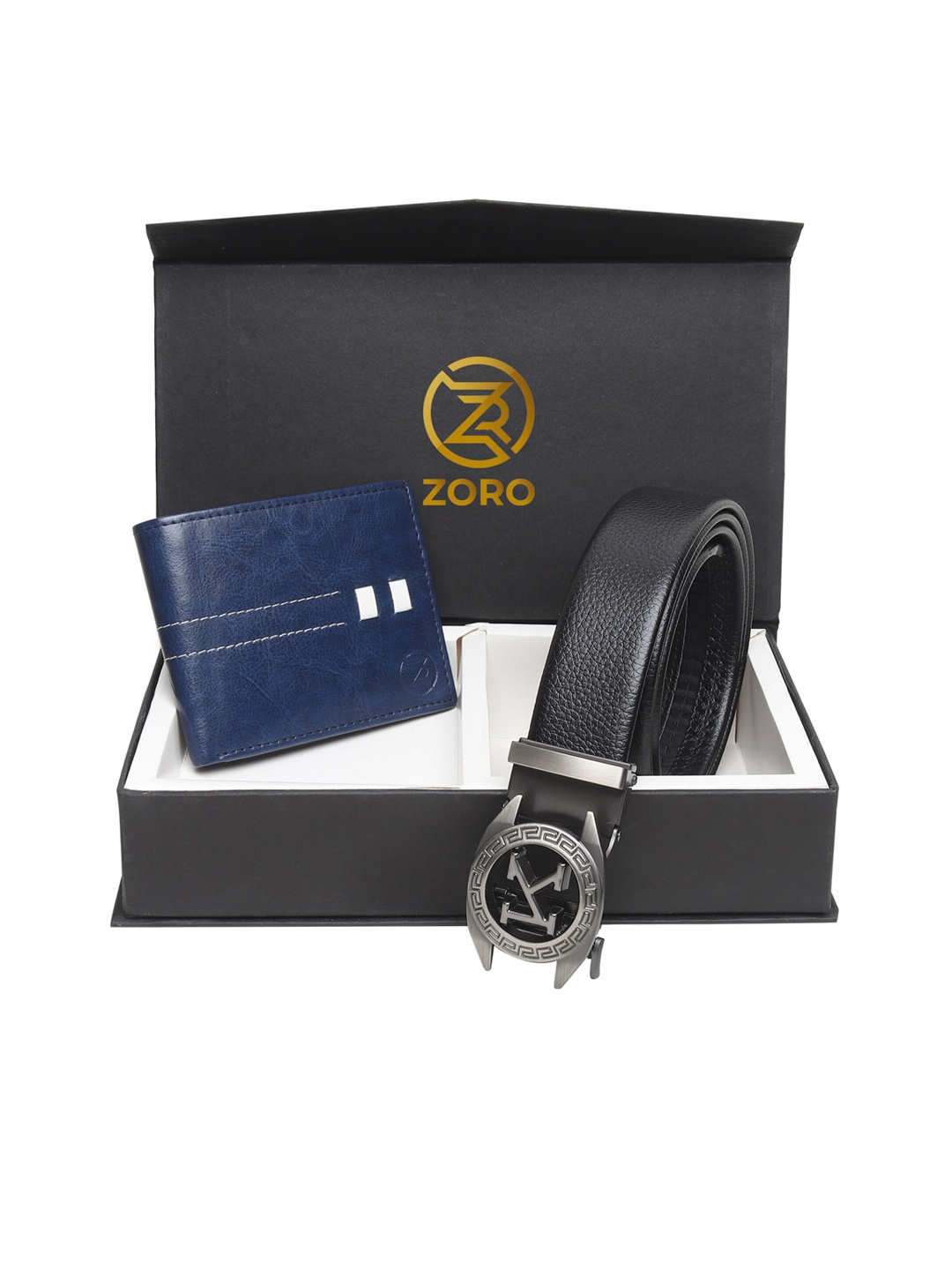 

ZORO Men Black & Blue Solid Leather Accessory Gift Set