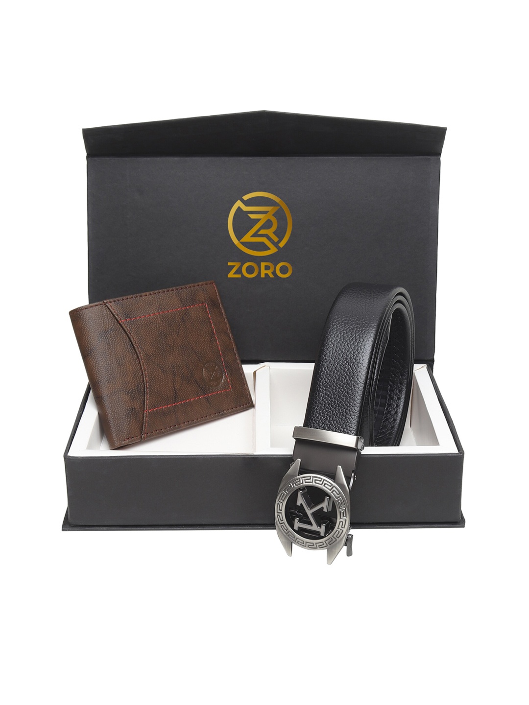 

ZORO Men Black & Brown Leather Belt & Wallet Set