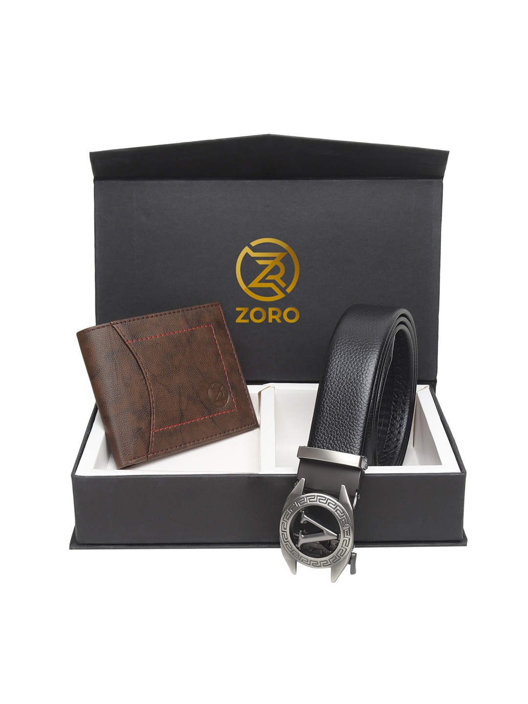 

ZORO Men Black & Brown Leather Belt & Wallet Set